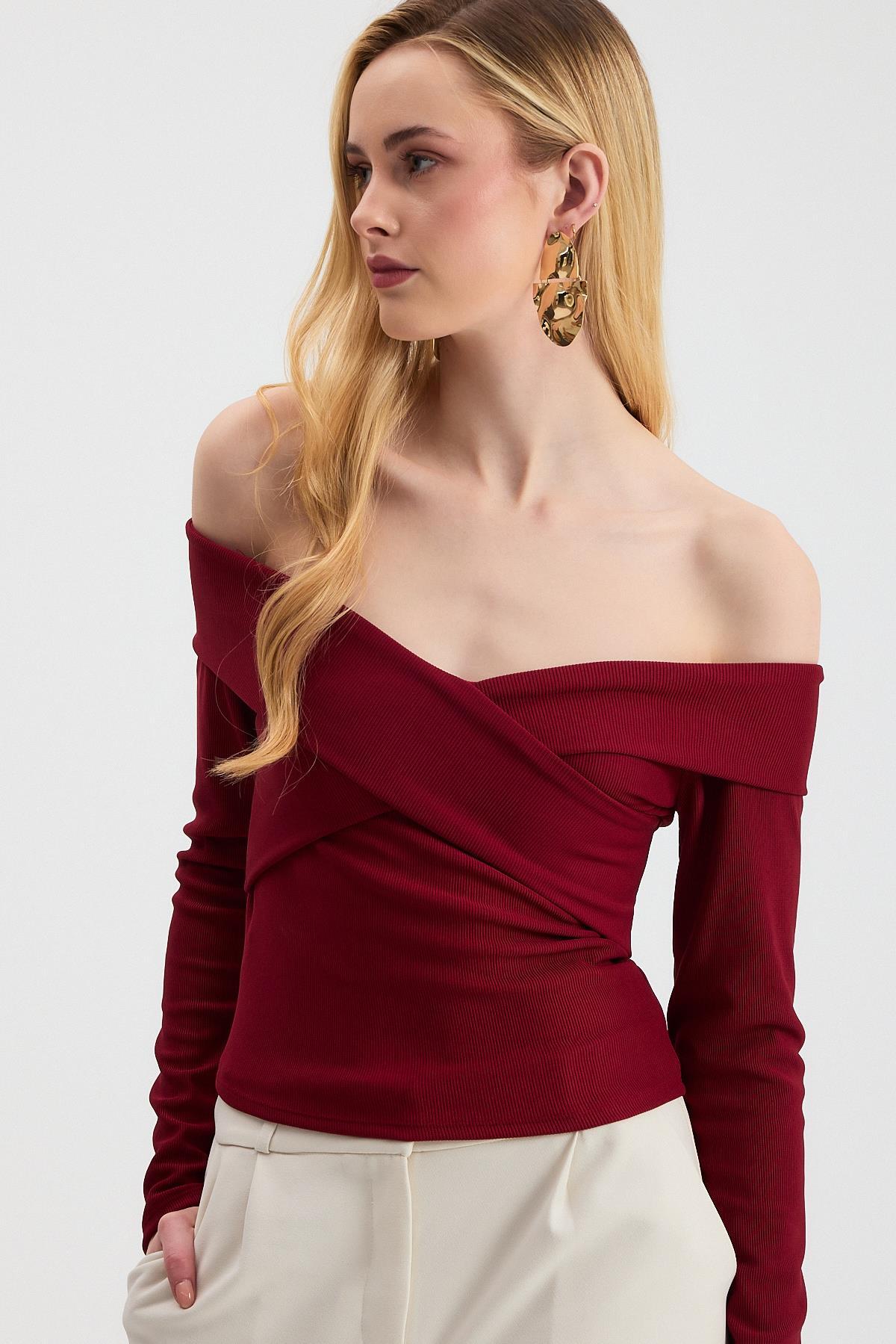 12748 Çapraz Madonna Yaka Bluz Bordo 