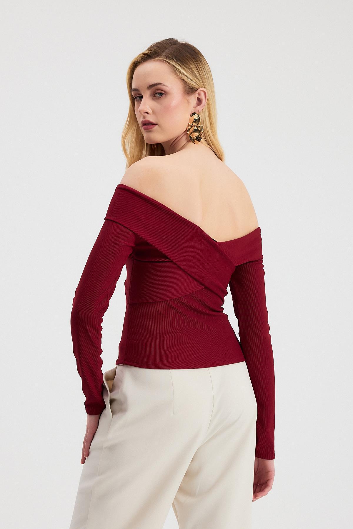Bordo Çapraz Madonna Yaka Bluz 12748 - 5