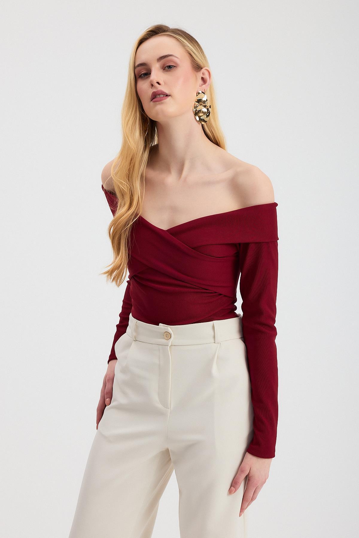 Bordo Çapraz Madonna Yaka Bluz 12748 - 7