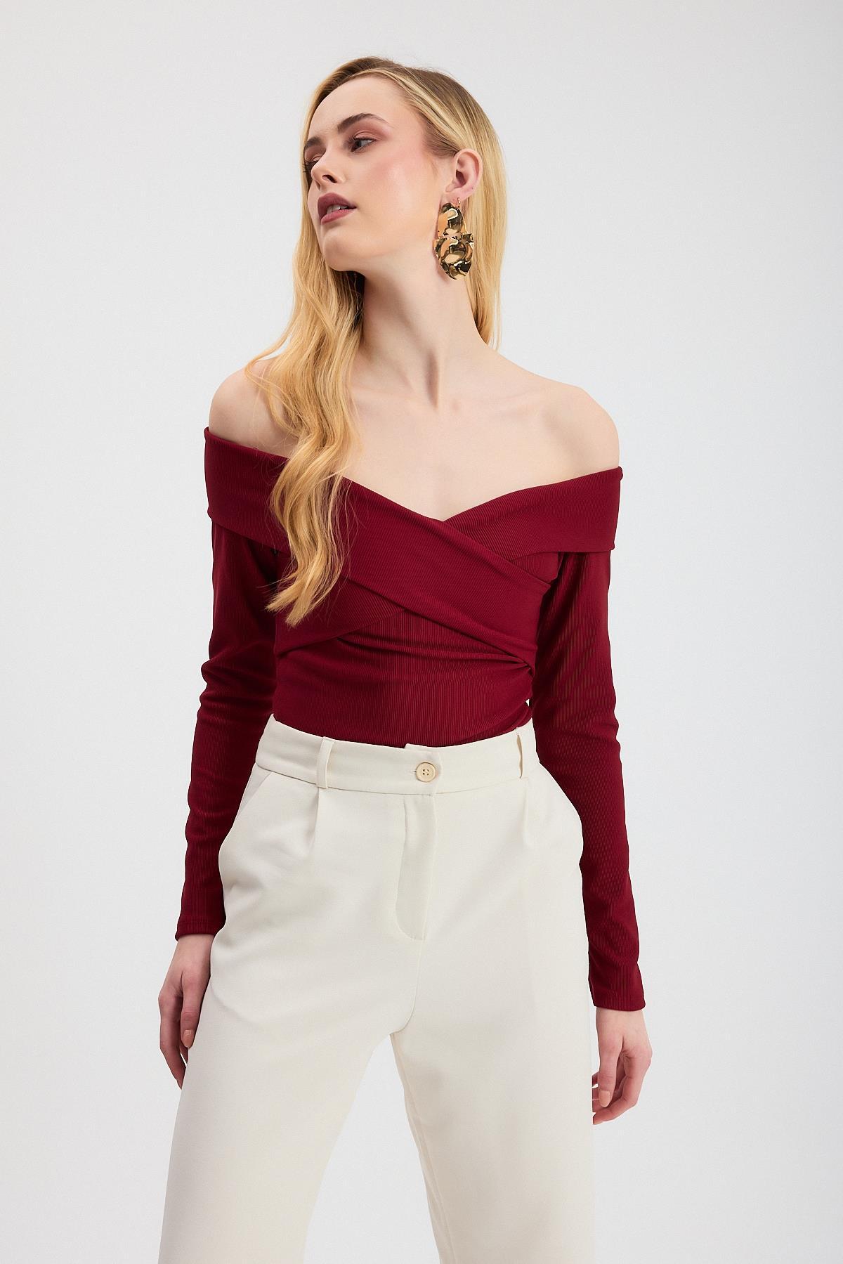 Bordo Çapraz Madonna Yaka Bluz 12748 - 8