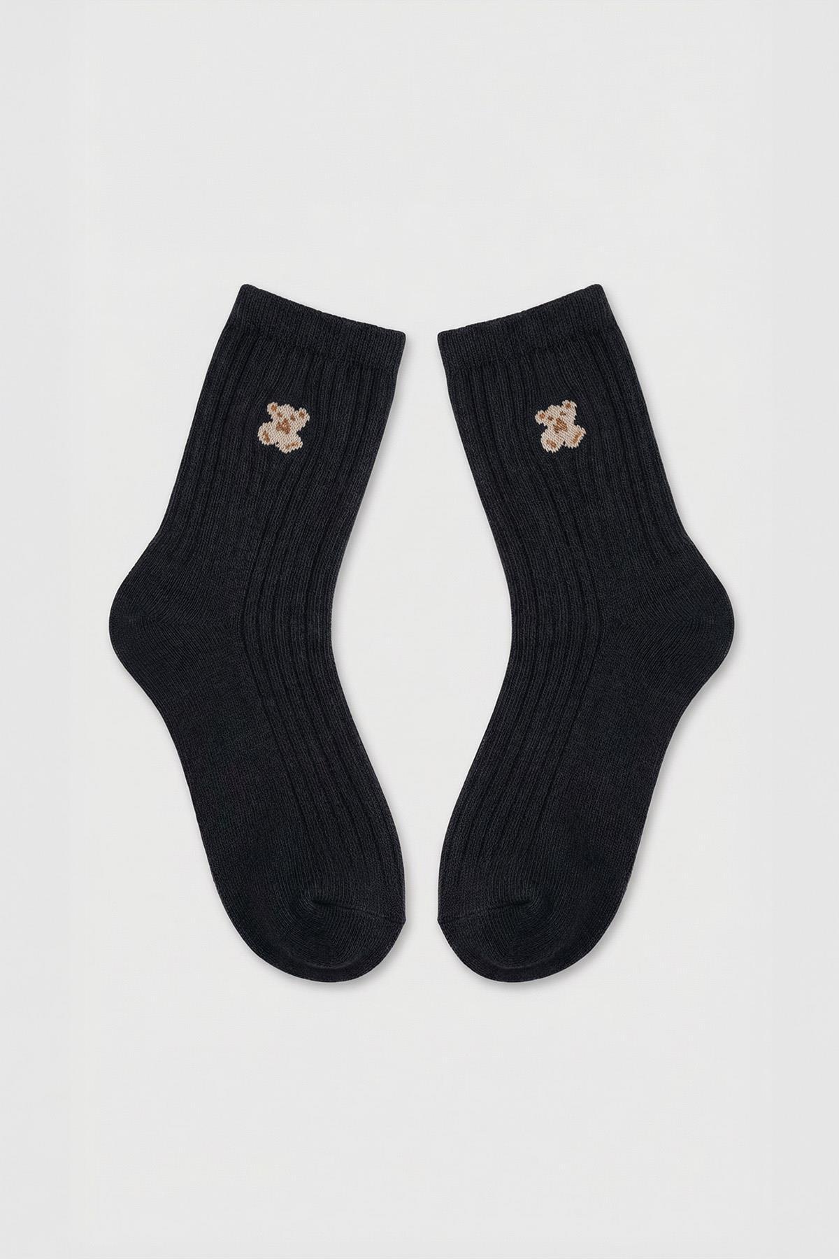 1300 3'lü Ayıcık Desen Derbili Yarım Konç Çorap Siyah-Ekru-Acı Kahve - 3