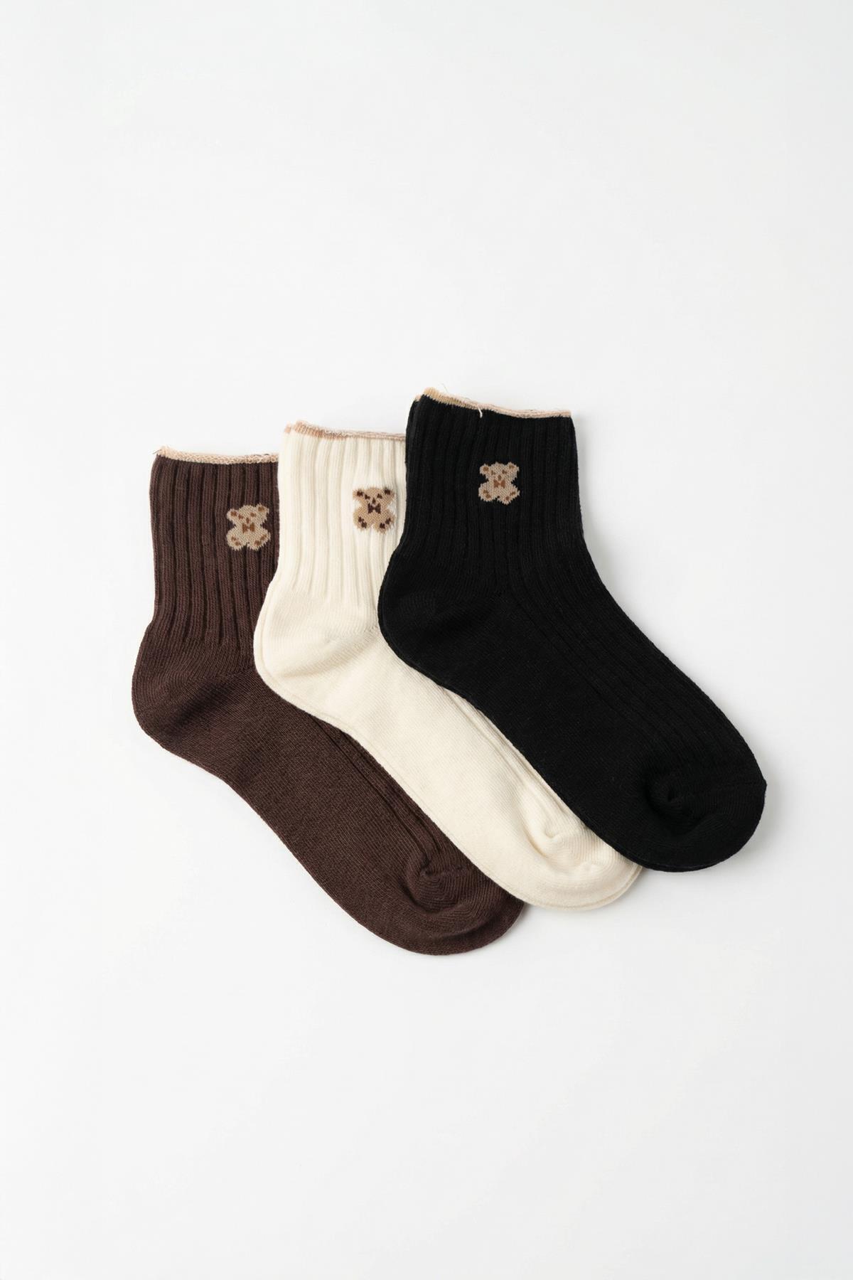 1300 3'lü Ayıcık Desen Derbili Yarım Konç Çorap Siyah-Ekru-Acı Kahve - 1