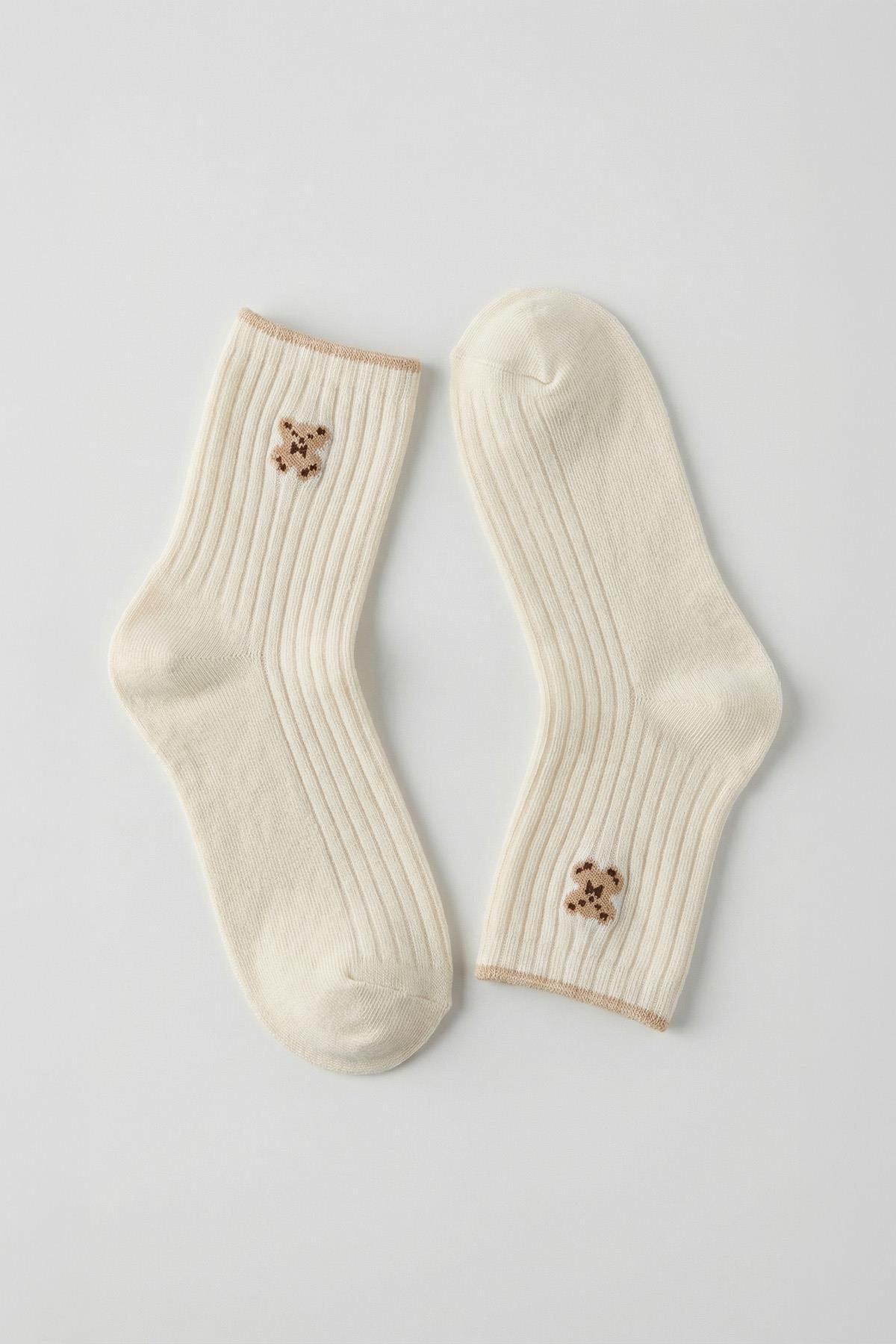 Siyah-Ekru-Acı Kahve 3'lü Ayıcık Desen Derbili Yarım Konç Çorap 1300 - RAYS