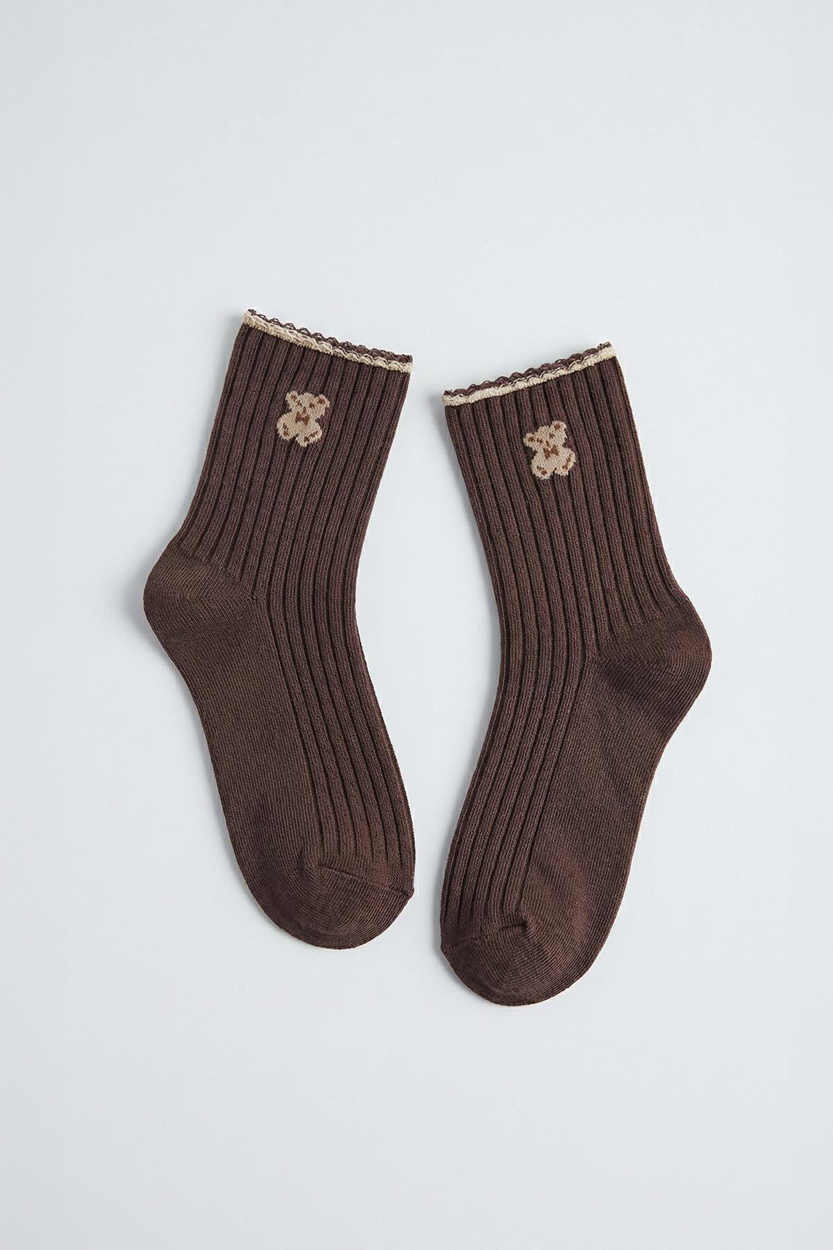 Siyah-Ekru-Acı Kahve 3'lü Ayıcık Desen Derbili Yarım Konç Çorap 1300 - 4