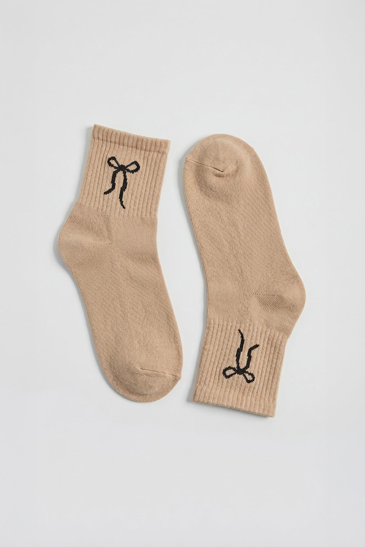 1301 3'lü Kurdele Desen Tenis Yarım Konç Çorap Ekru-Sütlü Kahve-Acı Kahve - 3