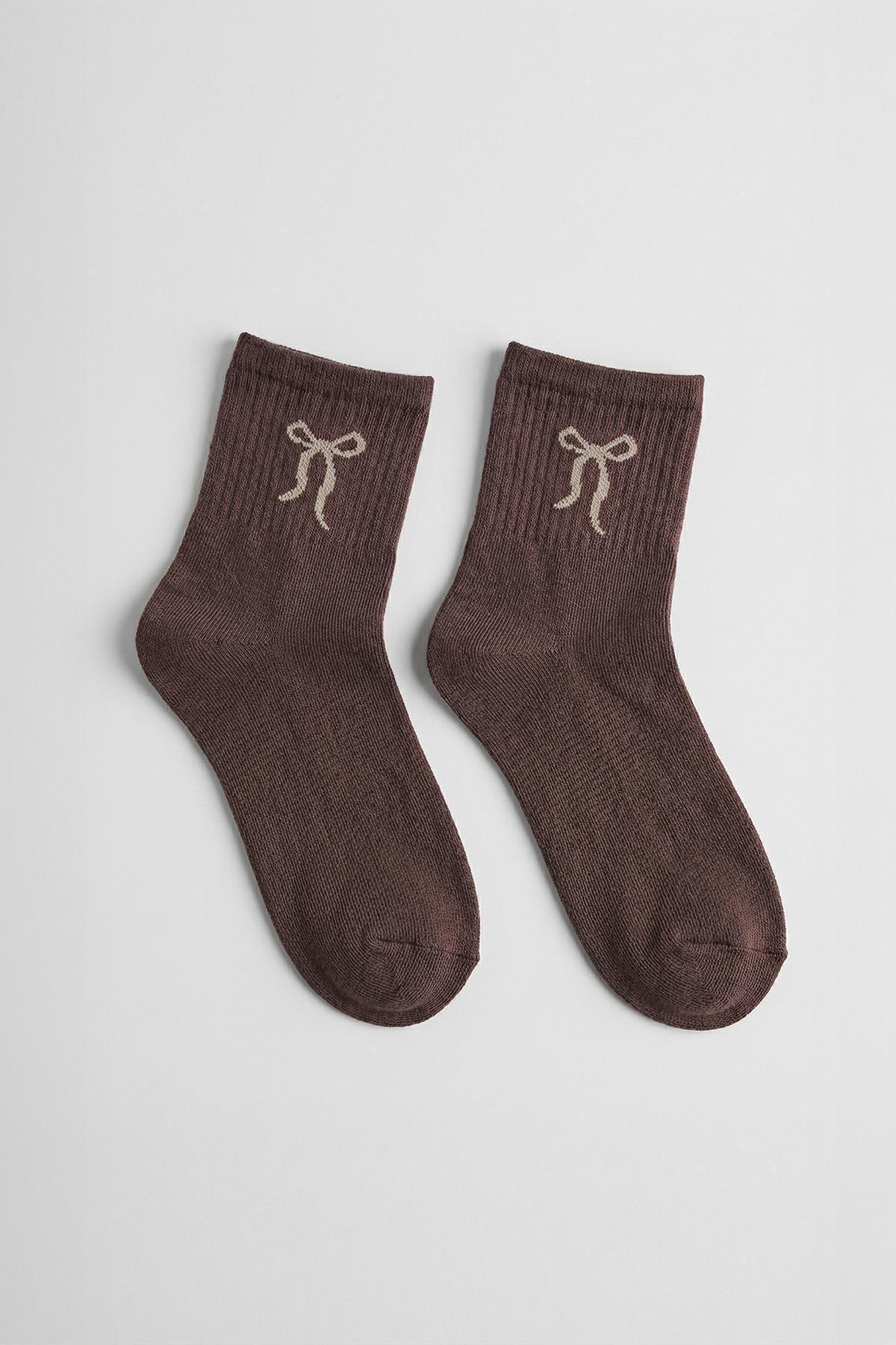 1301 3'lü Kurdele Desen Tenis Yarım Konç Çorap Ekru-Sütlü Kahve-Acı Kahve - RAYS