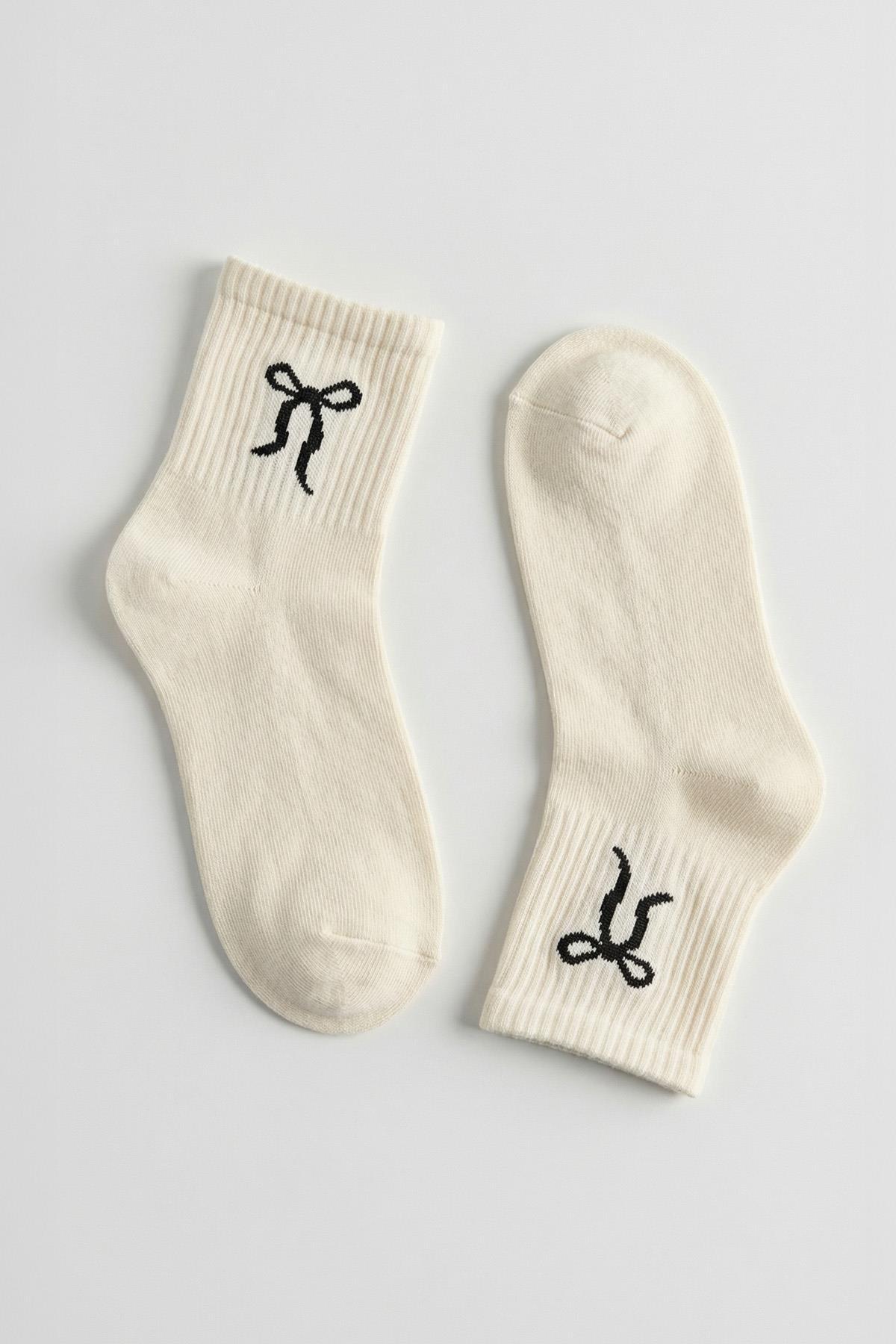 1301 3'lü Kurdele Desen Tenis Yarım Konç Çorap Ekru-Sütlü Kahve-Acı Kahve - RAYS (1)