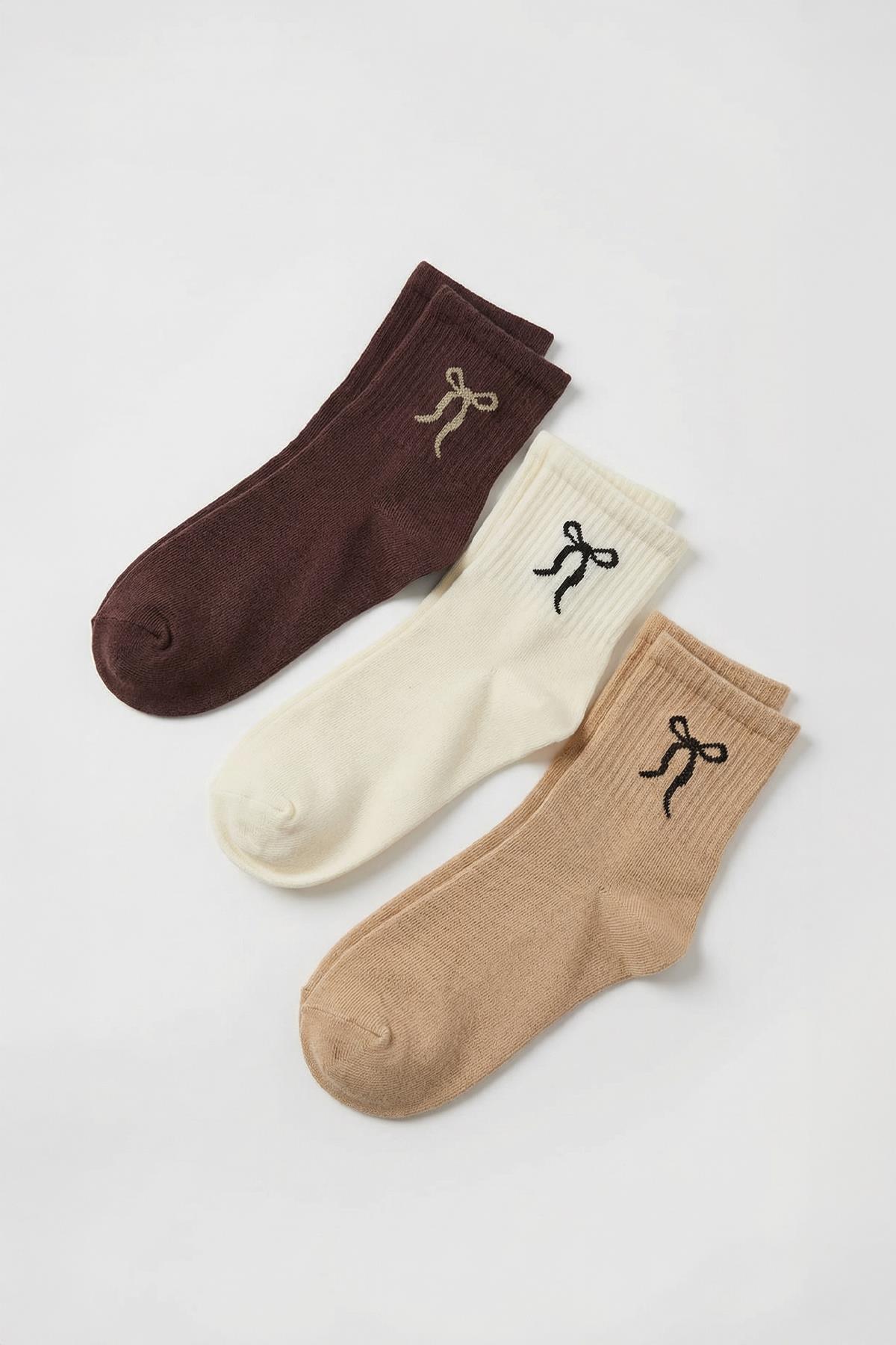 Ekru-Sütlü Kahve-Acı Kahve 3'lü Kurdele Desen Tenis Yarım Konç Çorap 1301 - 1