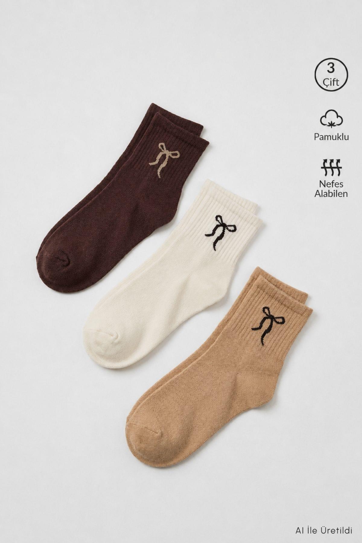 Ekru-Sütlü Kahve-Acı Kahve 3'lü Kurdele Desen Tenis Yarım Konç Çorap 1301 - RAYS