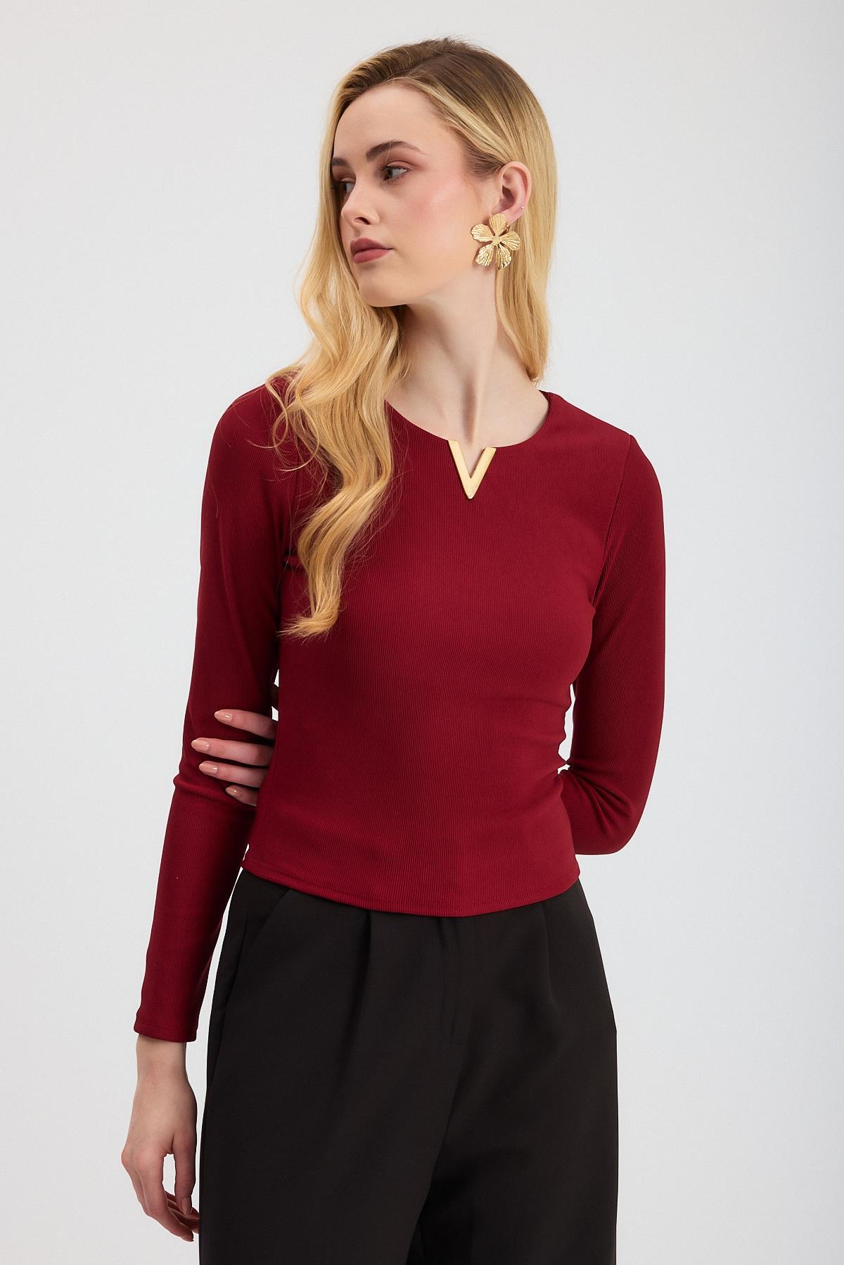 13084 Yaka V Demir Bluz Bordo - RAYS