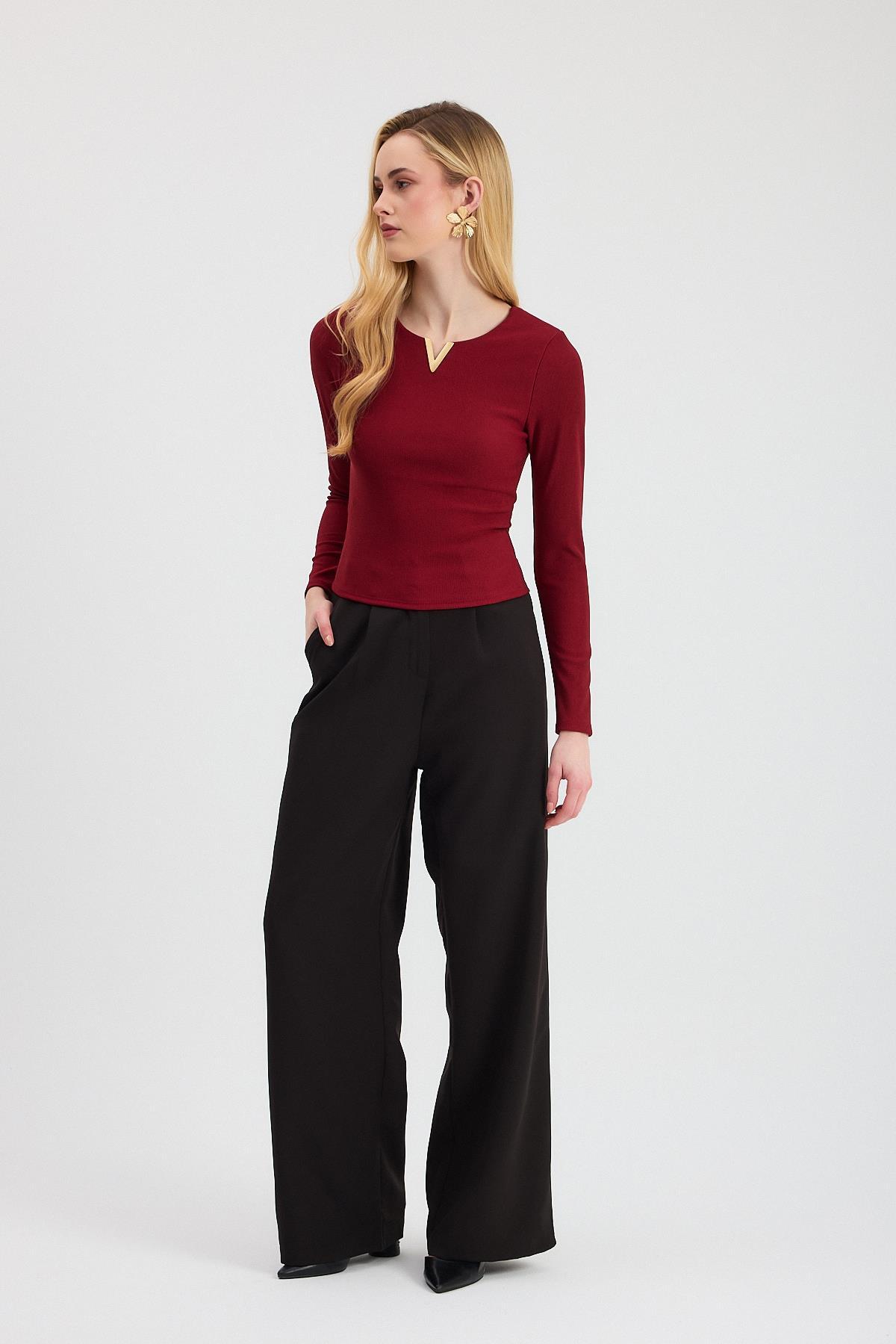 Bordo Yaka V Demir Bluz 13084 - 2