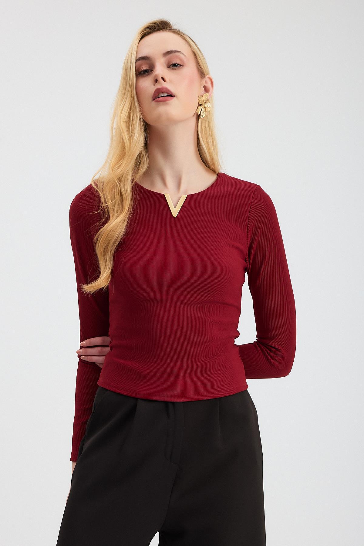 Bordo Yaka V Demir Bluz 13084 - 7