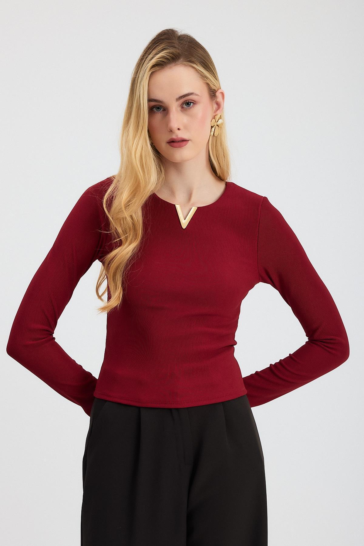 13084 Yaka V Demir Bluz Bordo - 1