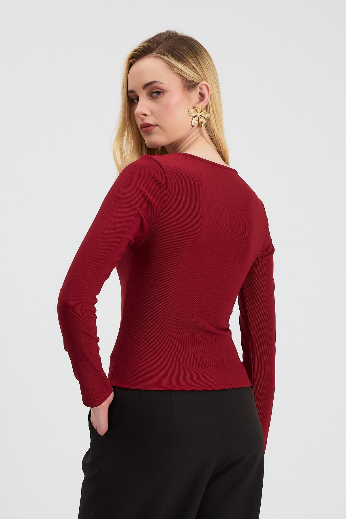 13084 Yaka V Demir Bluz Bordo - 5