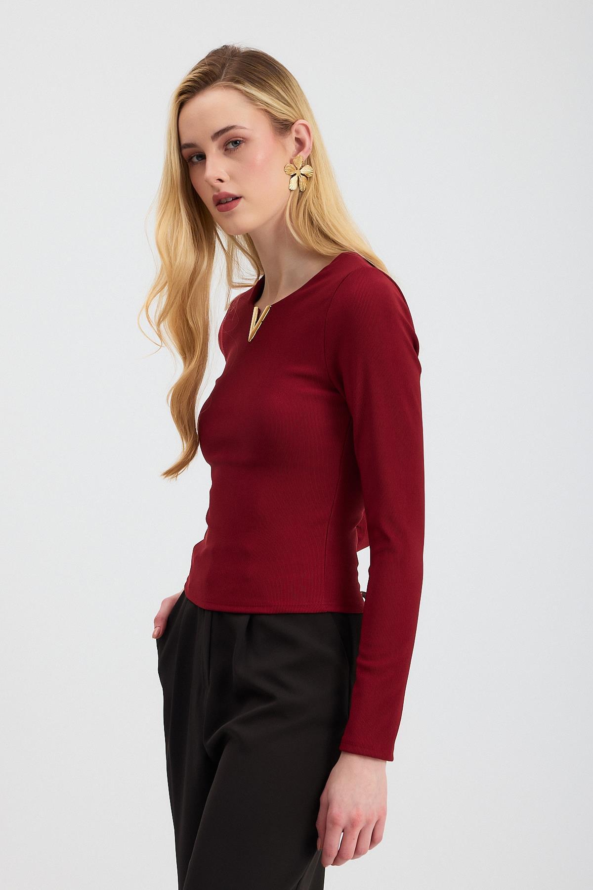 13084 Yaka V Demir Bluz Bordo - 6