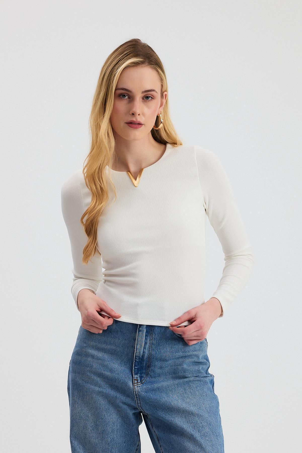 13084 Yaka V Demir Bluz Ekru - 6