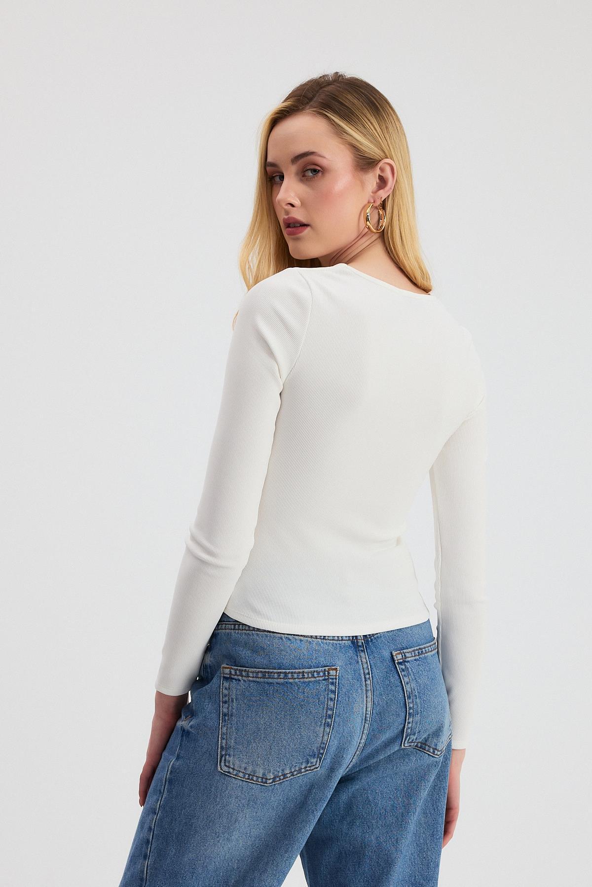 Ekru Yaka V Demir Bluz 13084 - 5