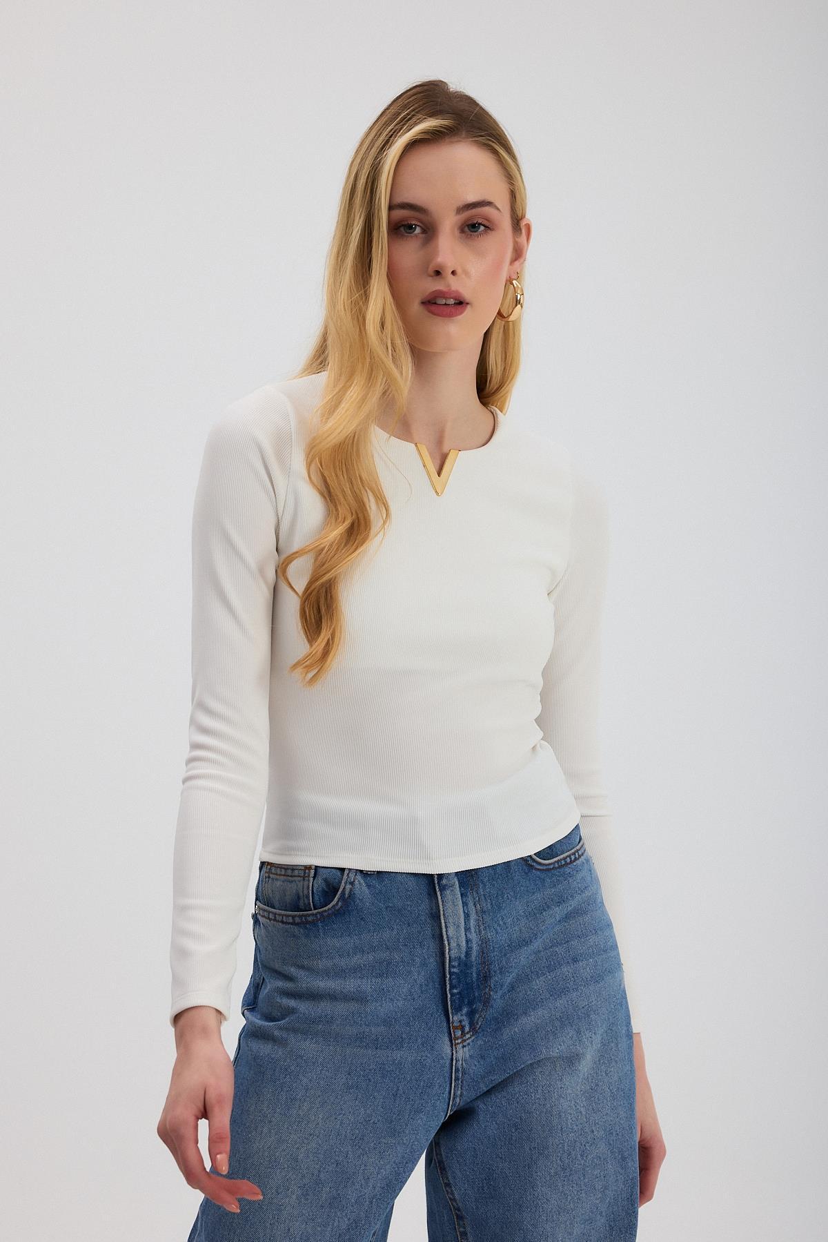 Ekru Yaka V Demir Bluz 13084 - 7