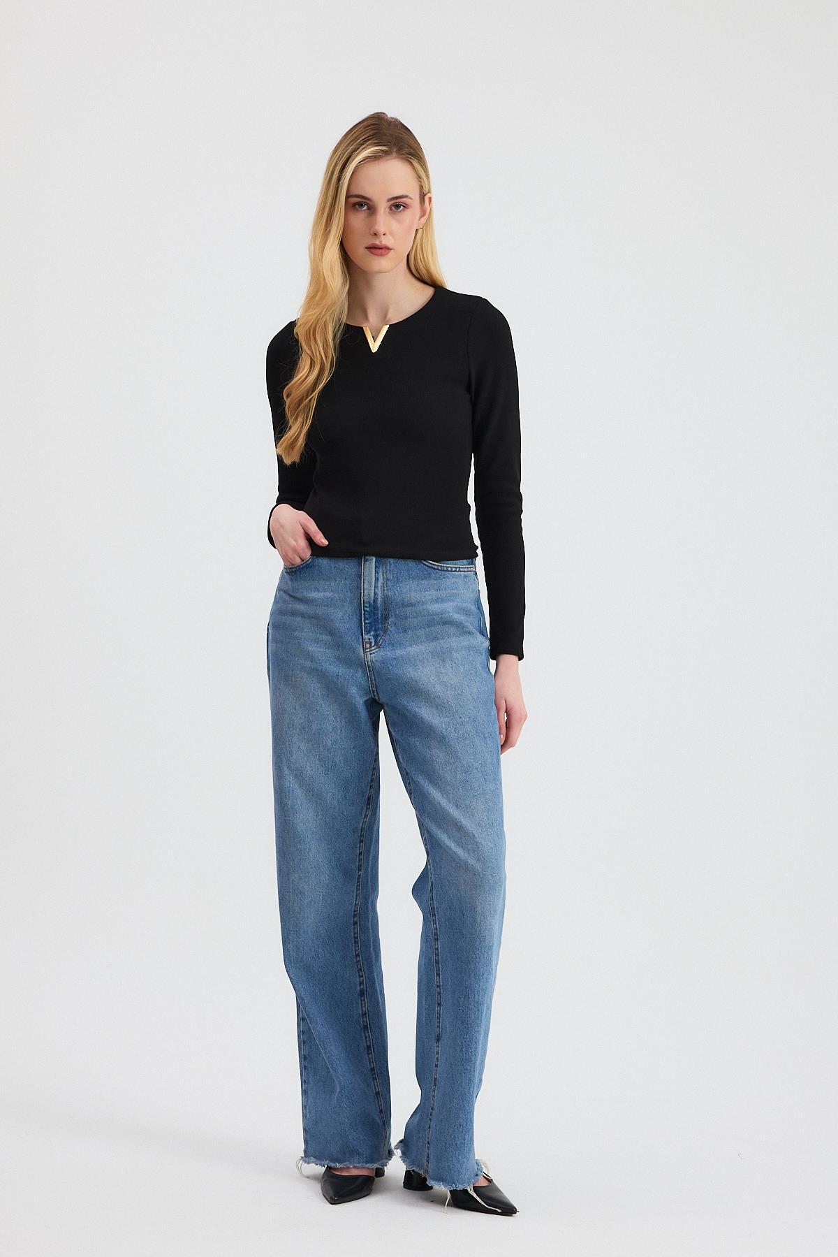 13084 Yaka V Demir Bluz Siyah - RAYS