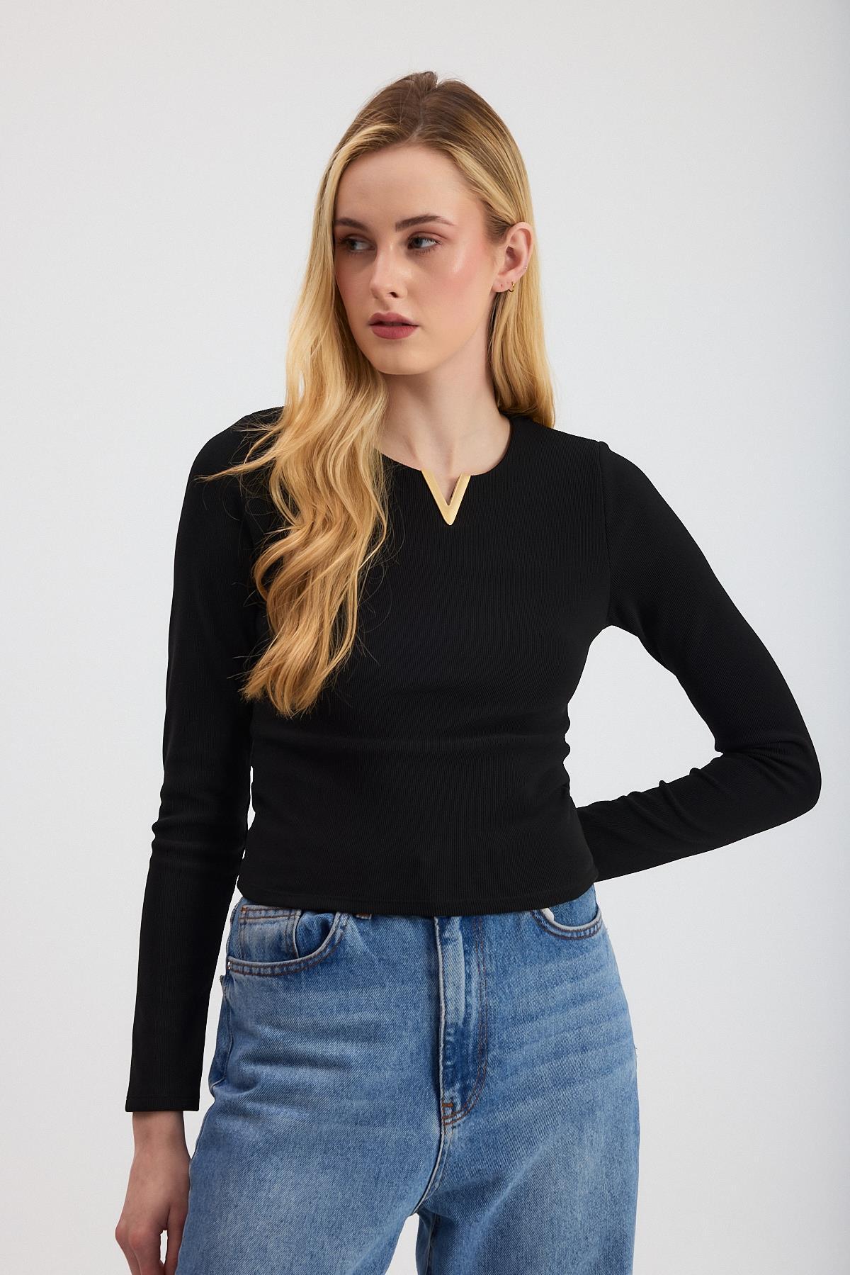 13084 Yaka V Demir Bluz Siyah - 7