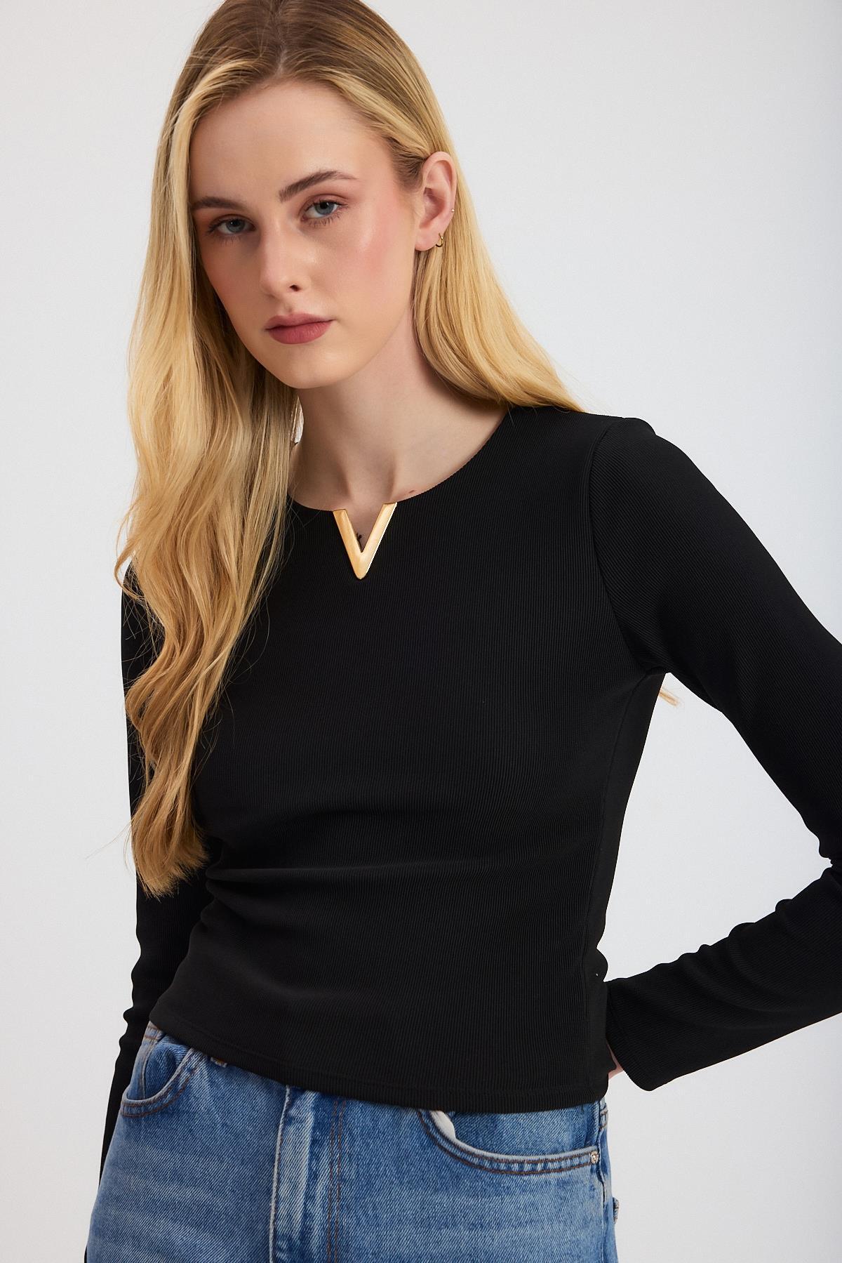 13084 Yaka V Demir Bluz Siyah - 8