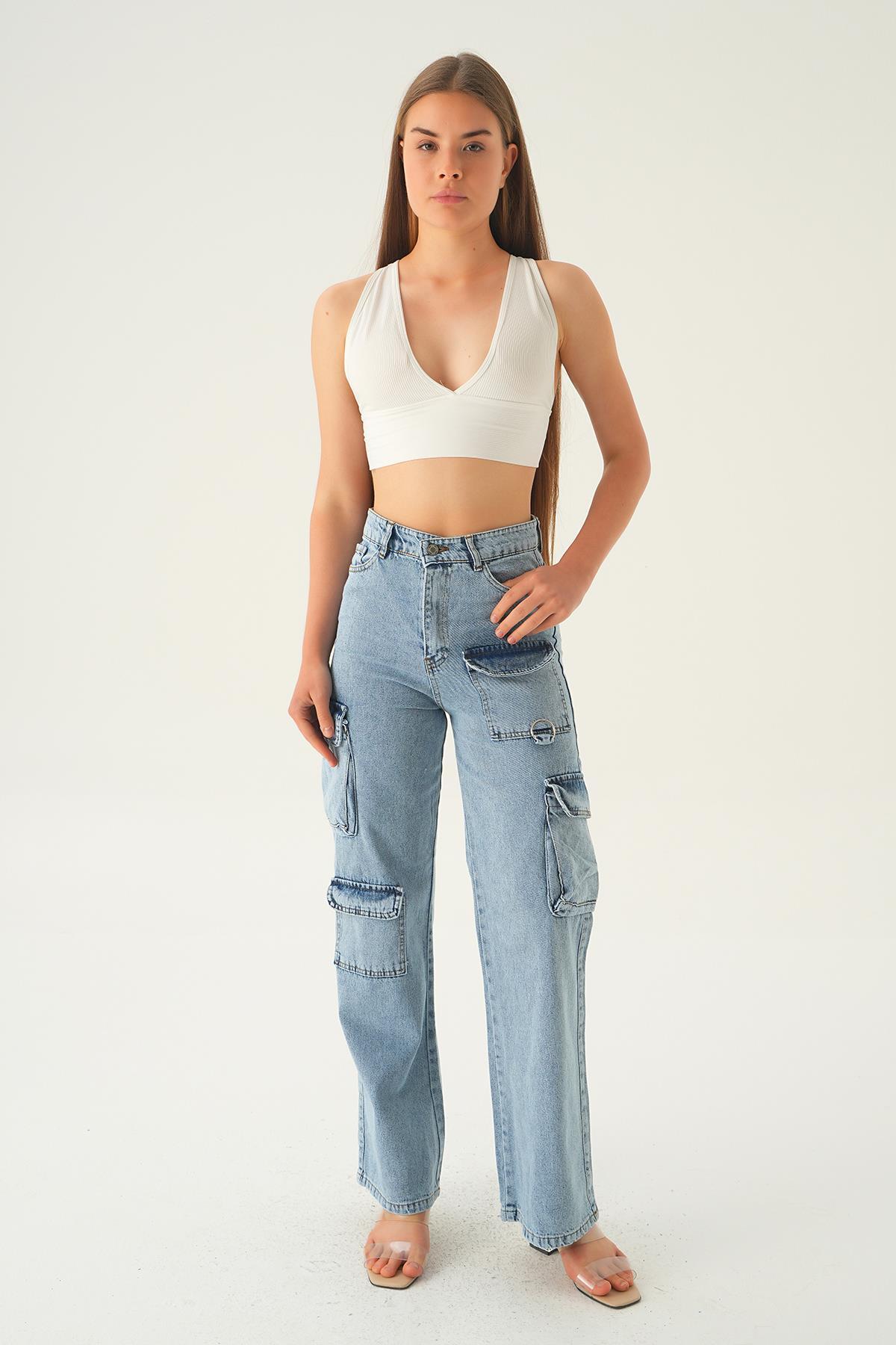 13100 Kargo Cep Detay Jean Buz 