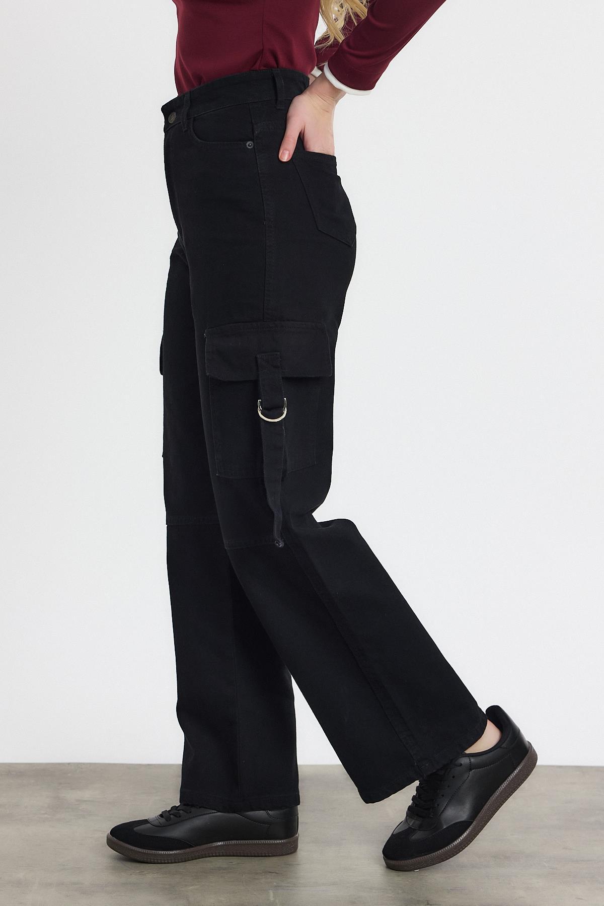 13101 Kargo Cep Palazzo Pantolon Siyah - 3