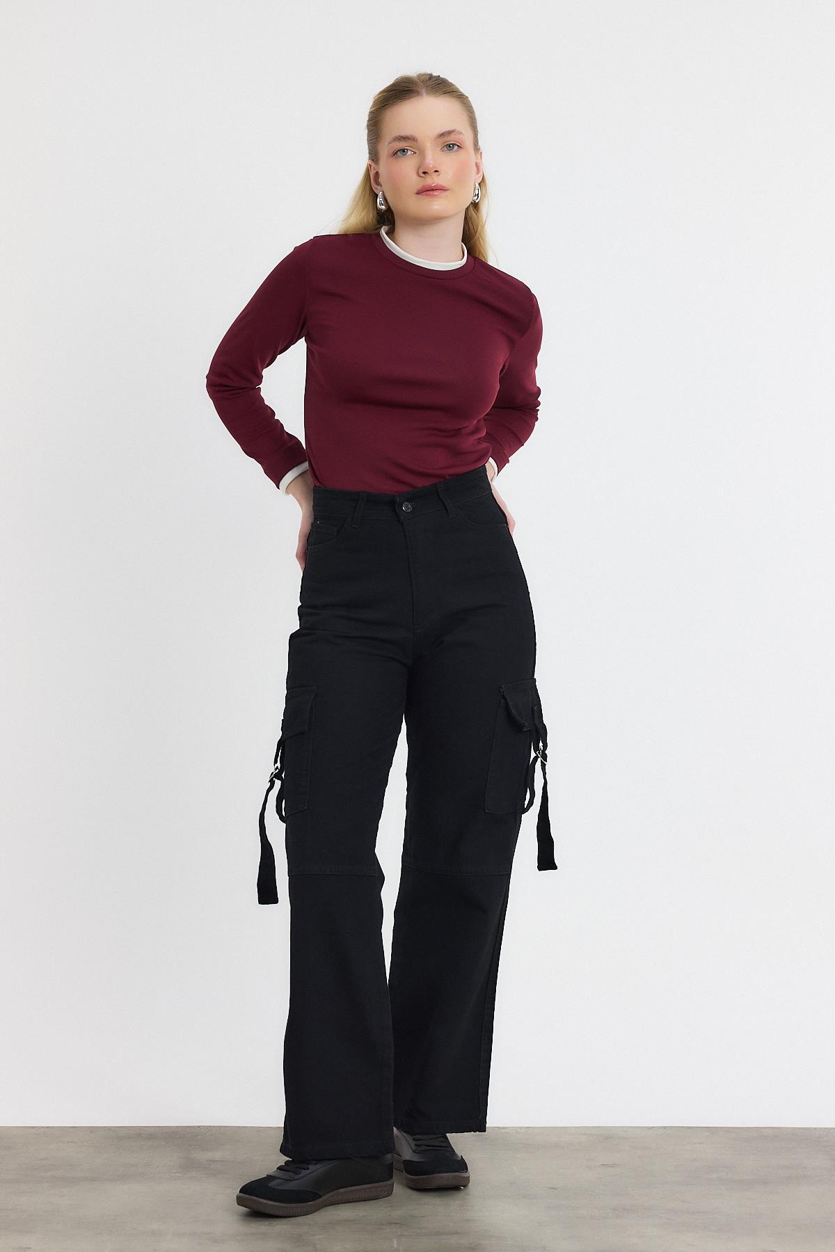 Siyah Kargo Cep Palazzo Pantolon 13101 - 1