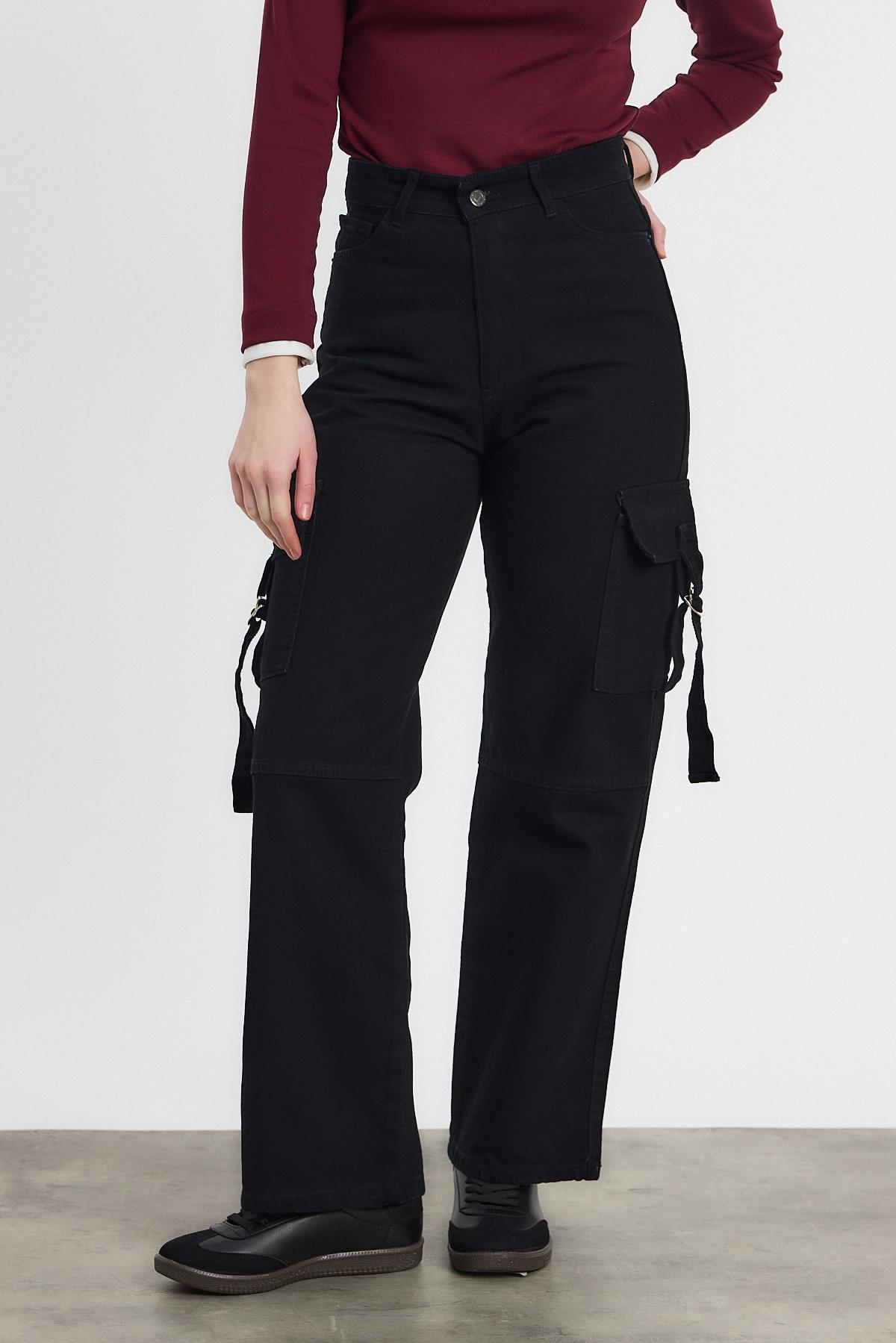 Siyah Kargo Cep Palazzo Pantolon 13101 - 2