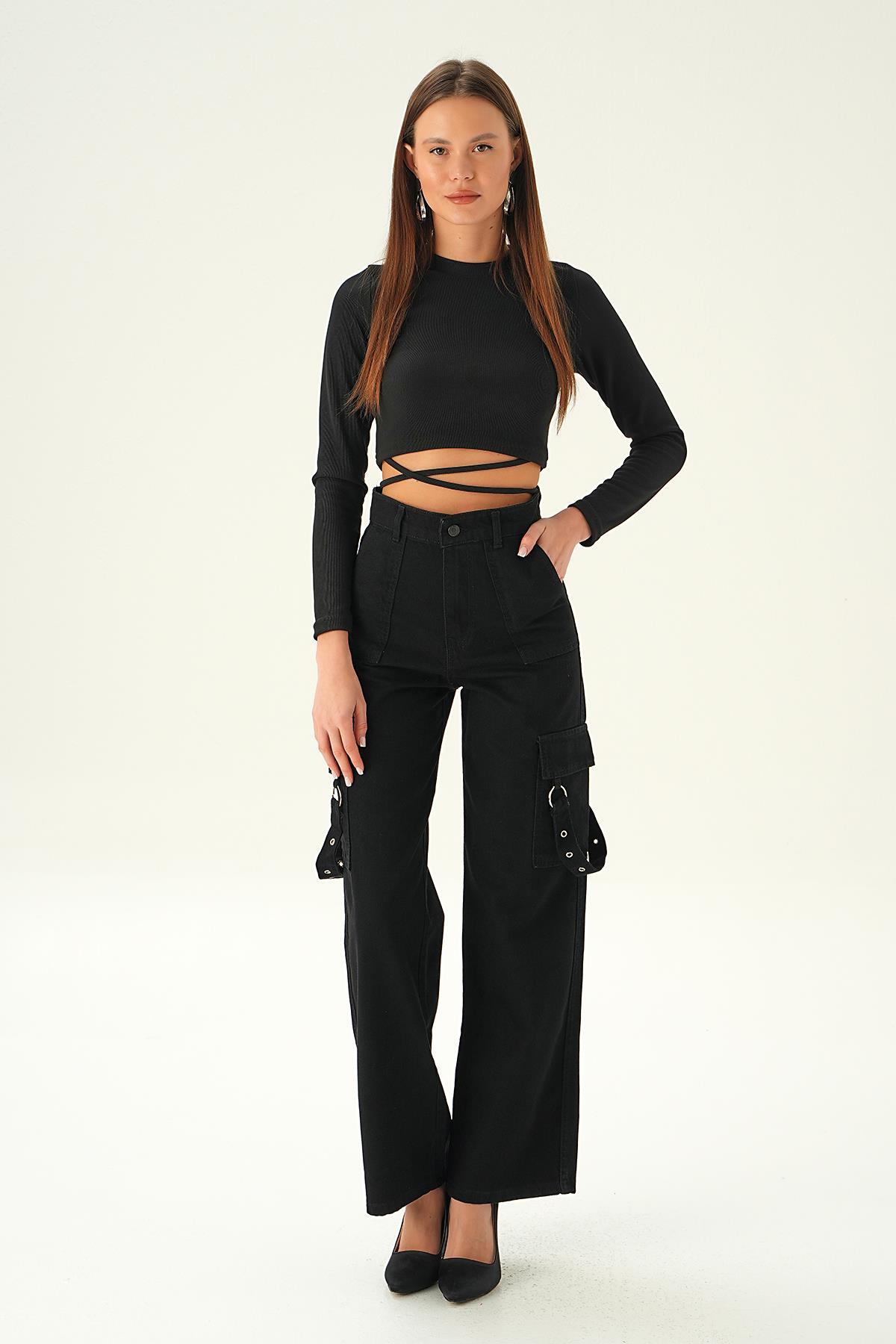 Siyah Kargo Cep Palazzo Jean 13102 - 1