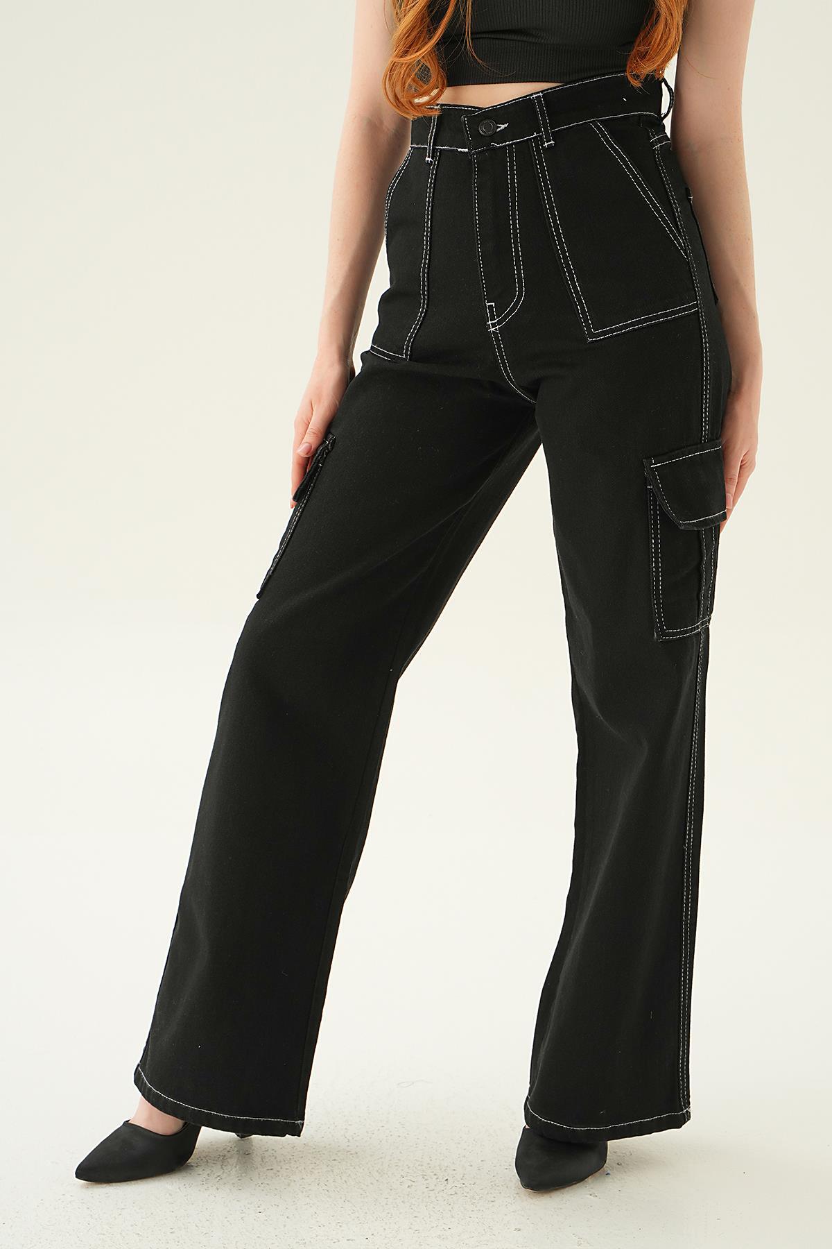 Siyah Dikiş Detay Kargo Cep Pantolon 13107-1 