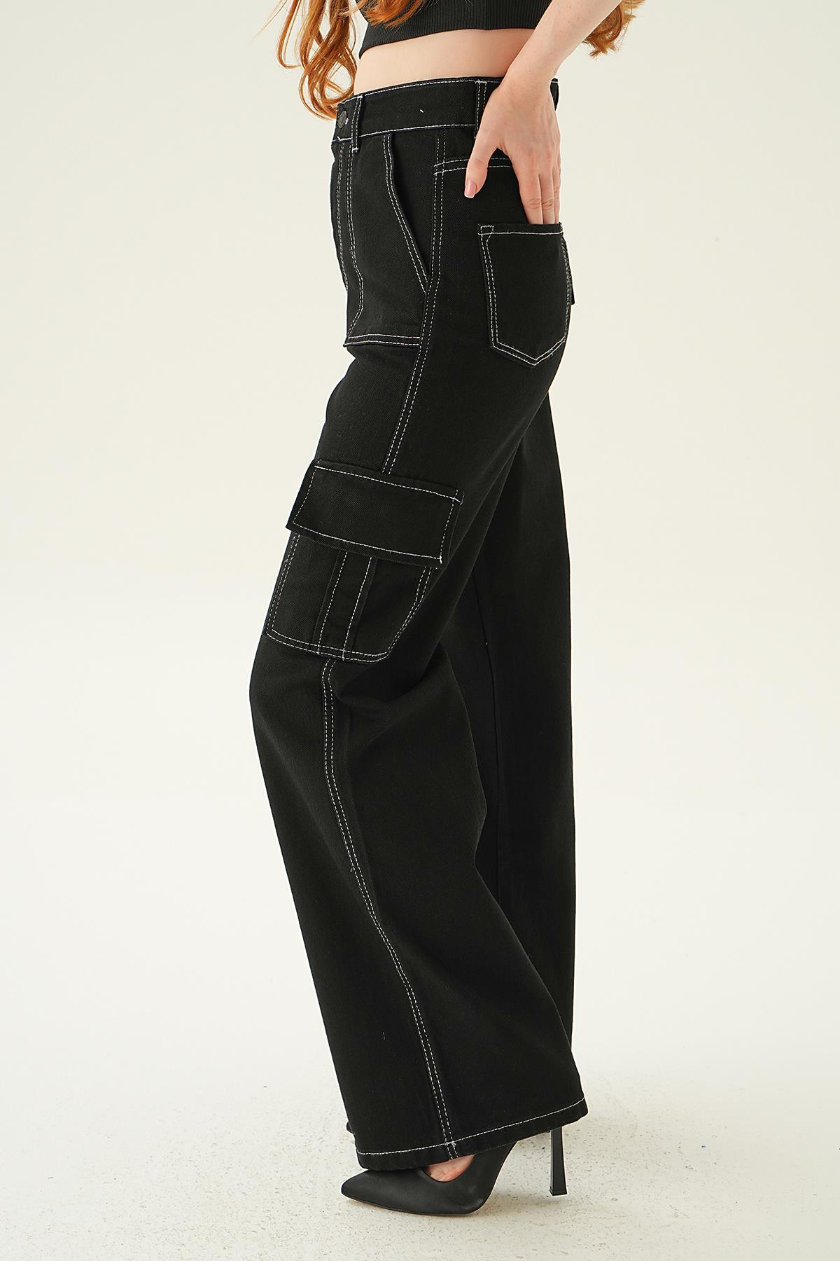 Siyah Dikiş Detay Kargo Cep Pantolon 13107-1 - 4