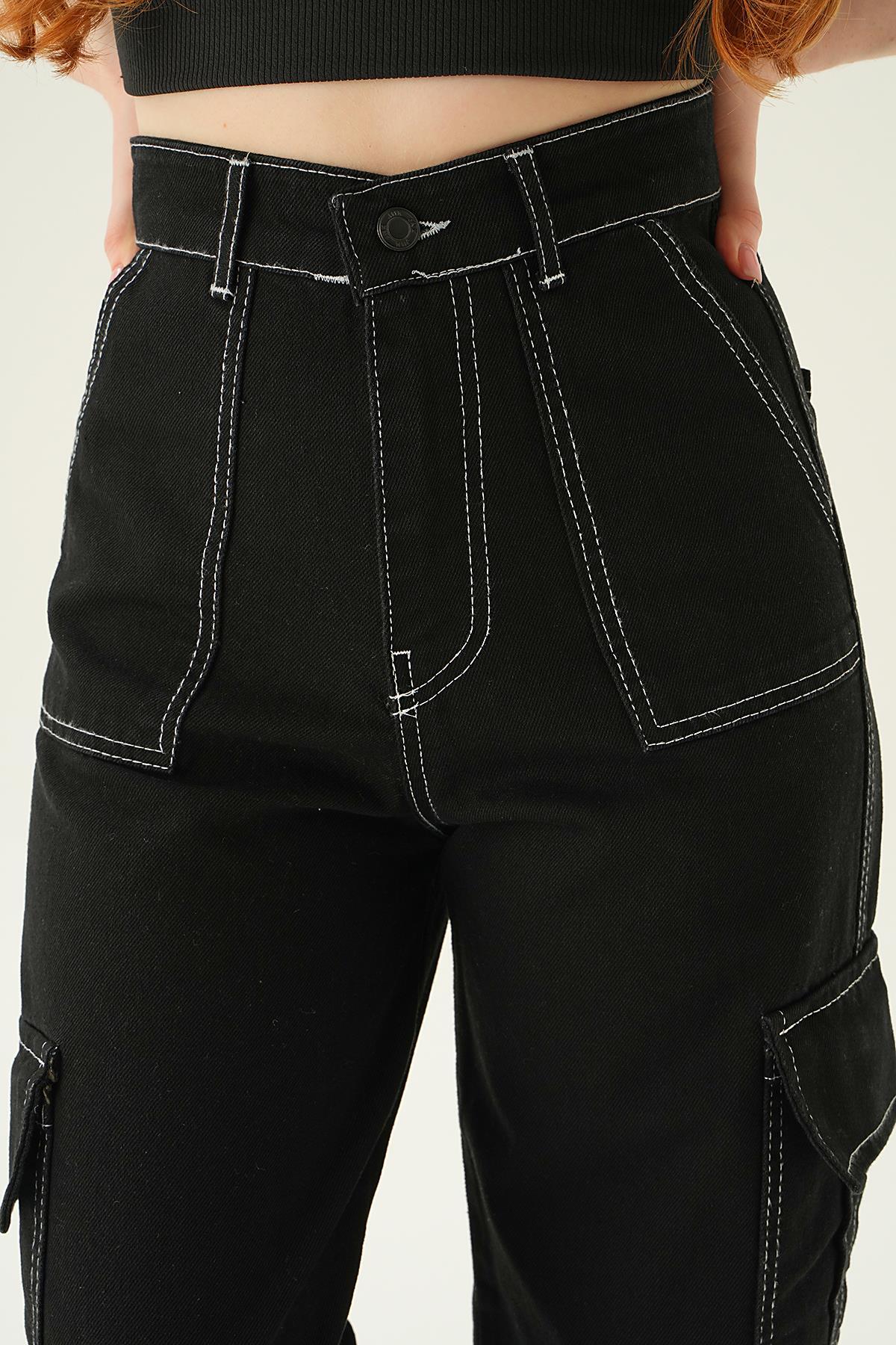 Siyah Dikiş Detay Kargo Cep Pantolon 13107-1 - 6