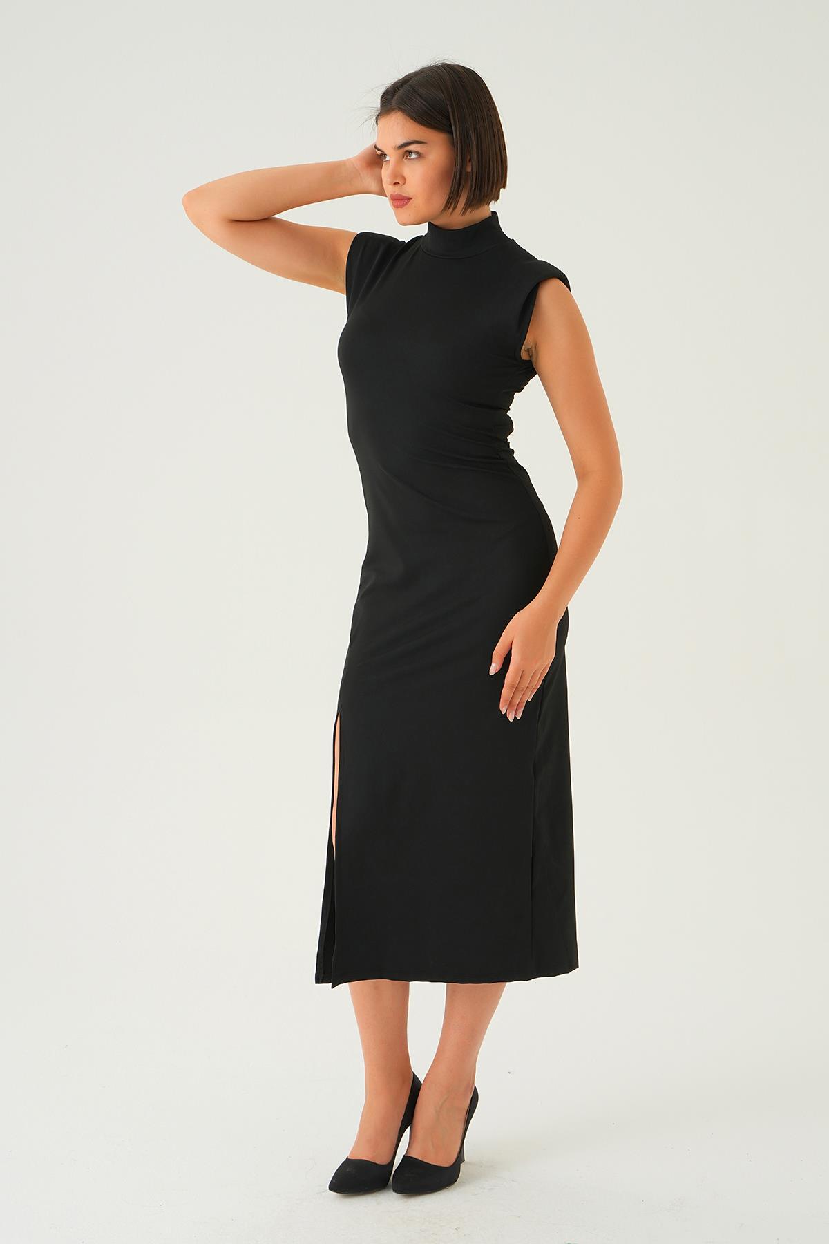 Siyah Balıkçı Yaka Yırtmaç Detay Elbise 1312 - 3