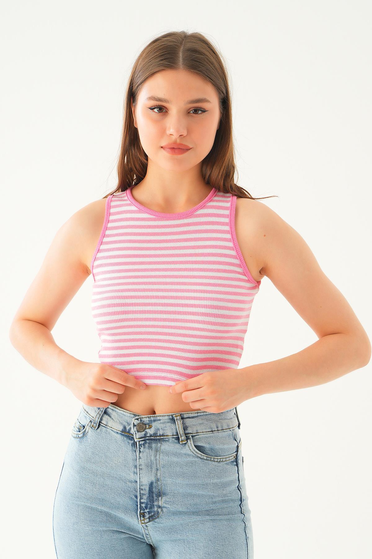 Beyaz Pembe Fitilli Crop Kadın Atlet 1312 - 2