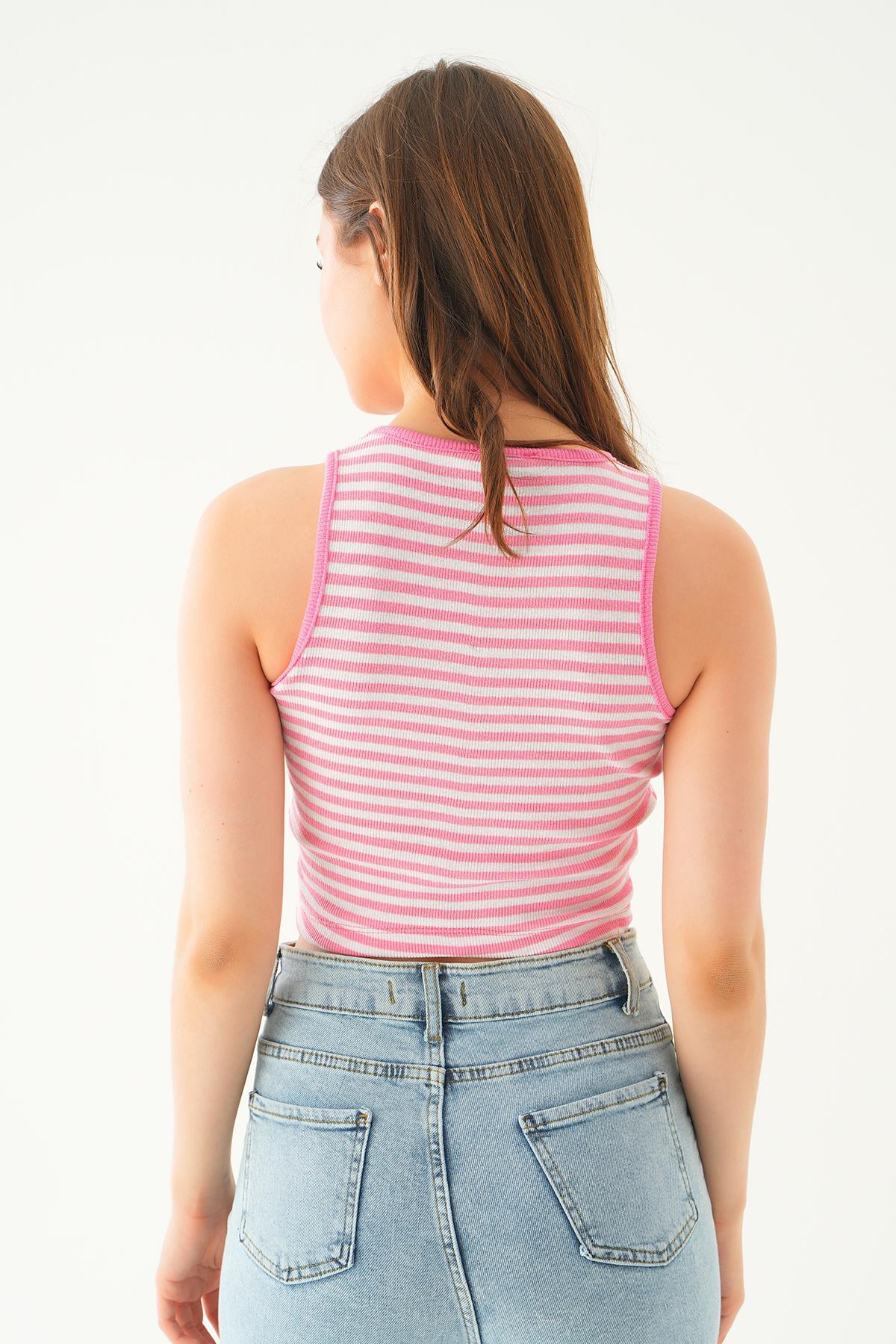 Beyaz Pembe Fitilli Crop Kadın Atlet 1312 - 4