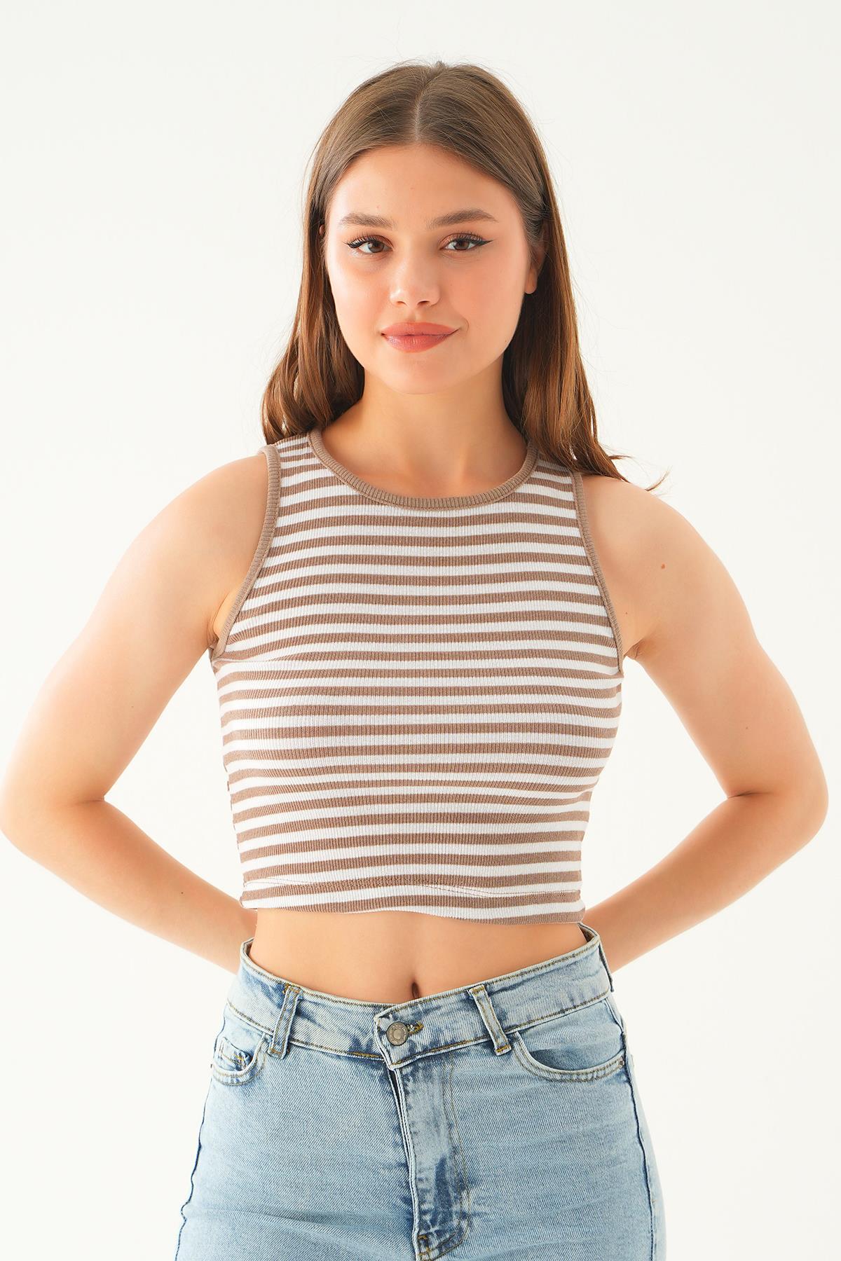 Camel Beyaz Fitilli Crop Kadın Atlet 1312 - 1