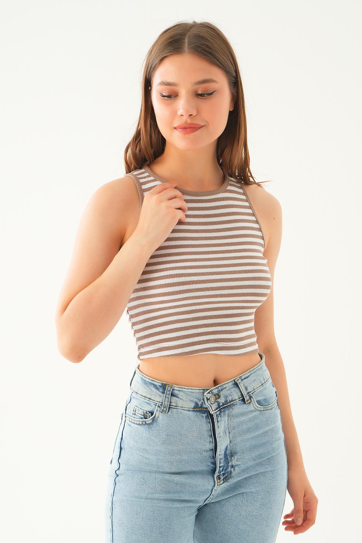 Camel Beyaz Fitilli Crop Kadın Atlet 1312 - 4