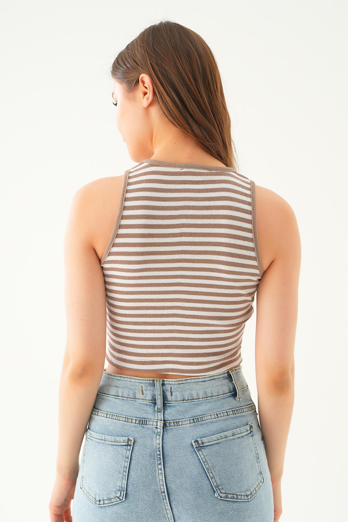 Camel Beyaz Fitilli Crop Kadın Atlet 1312 - 5