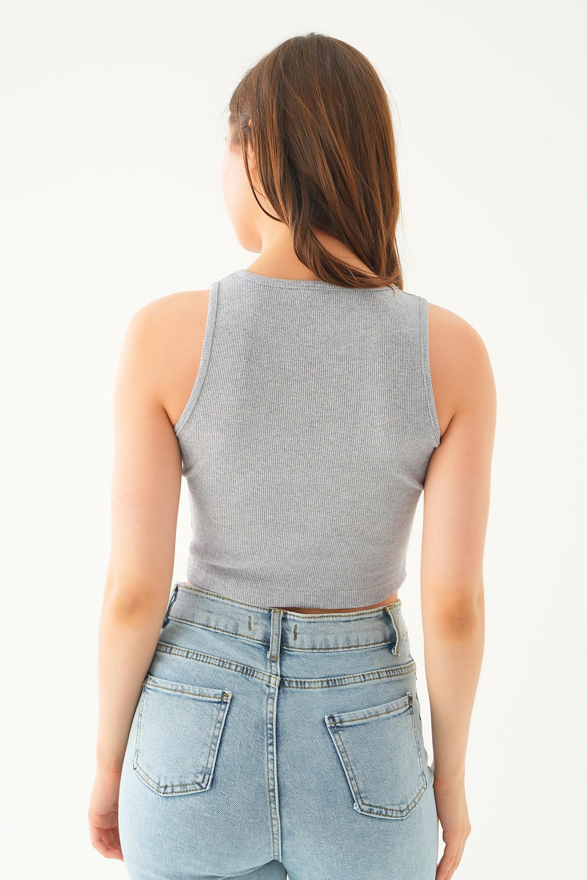 Gri Fitilli Crop Kadın Atlet 1312 - 4