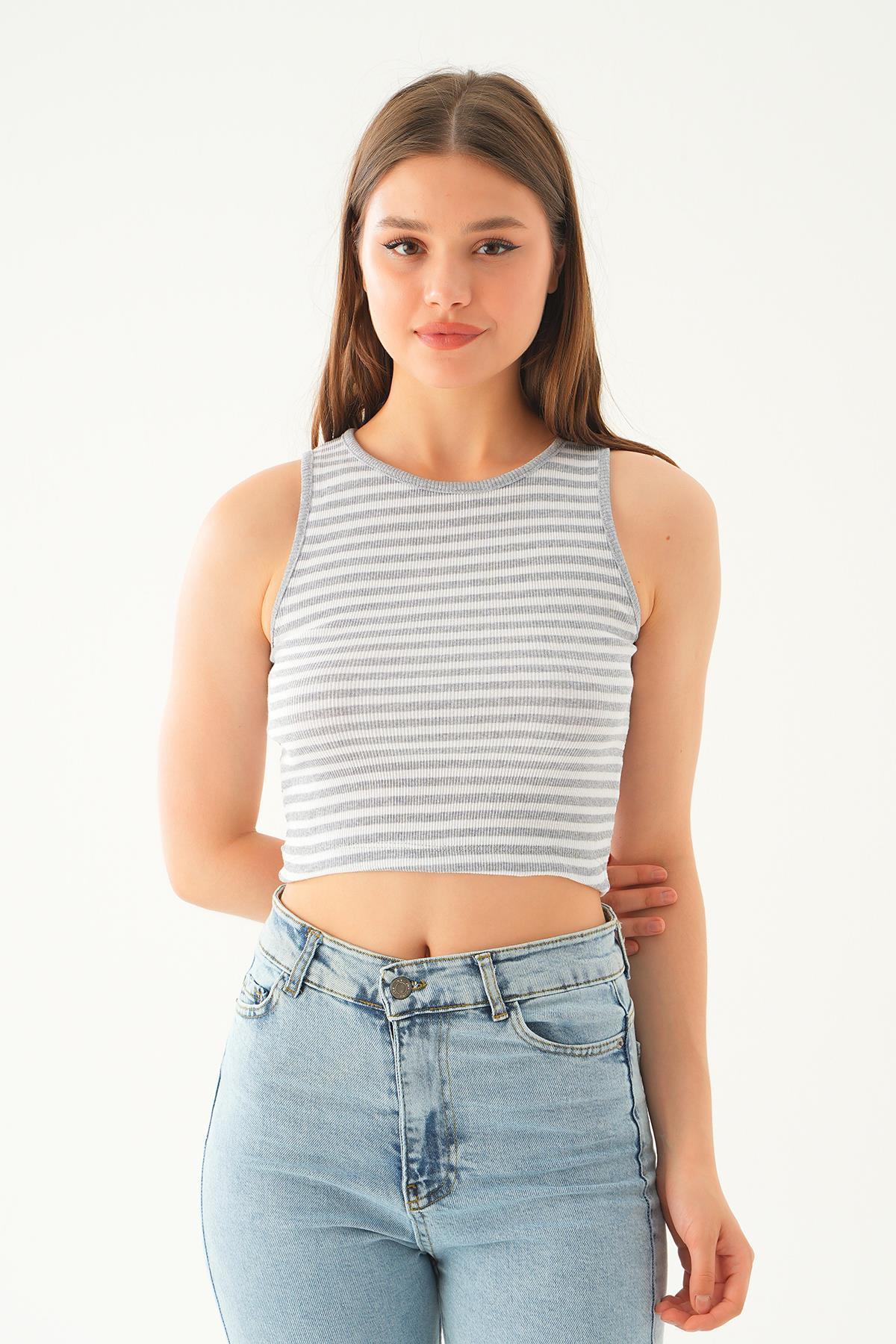 Gri Beyaz Fitilli Crop Kadın Atlet 1312 - 3
