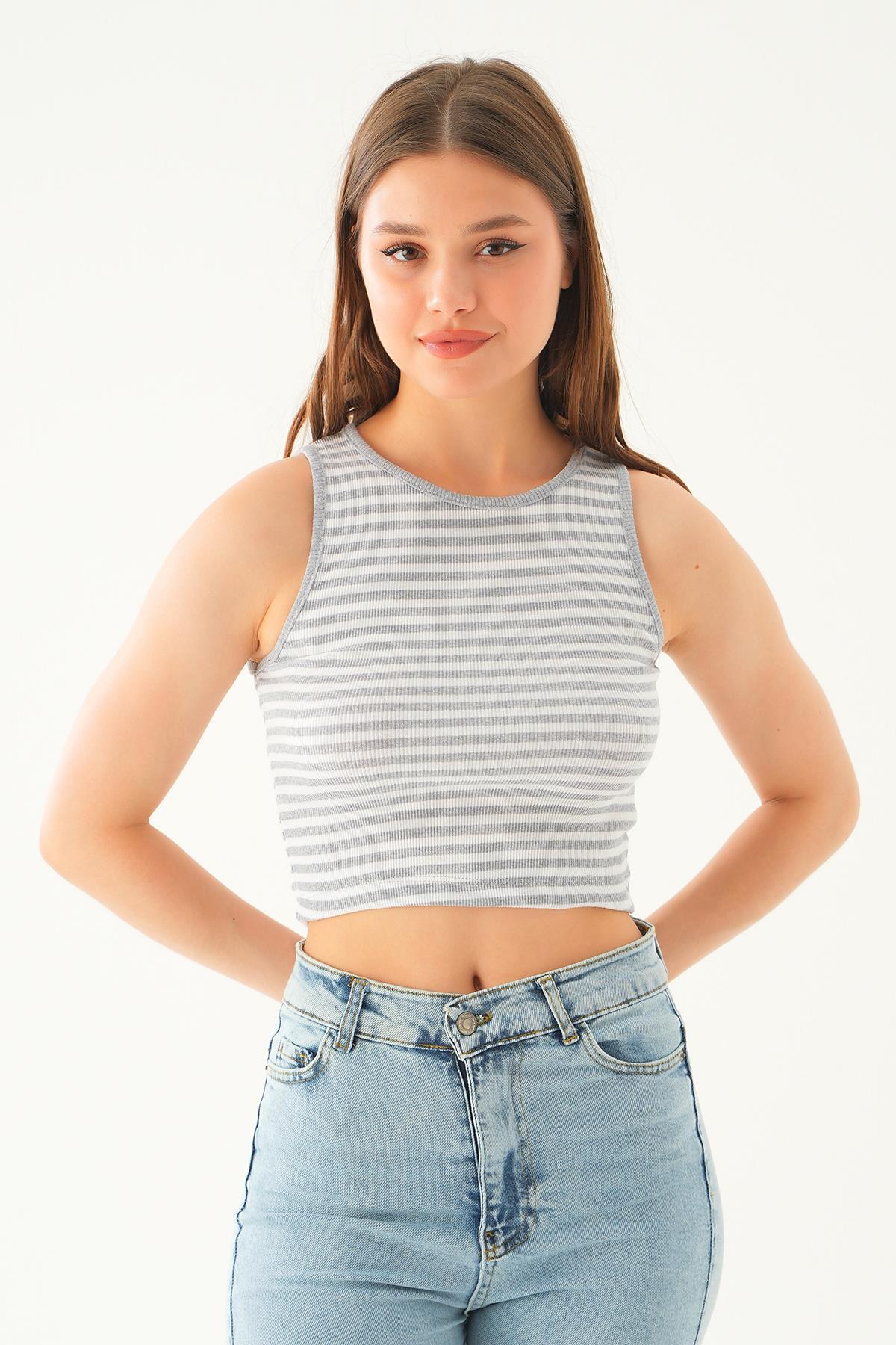 Gri Beyaz Fitilli Crop Kadın Atlet 1312 - 2