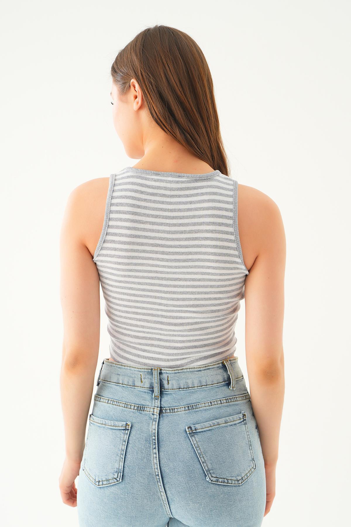 Gri Beyaz Fitilli Crop Kadın Atlet 1312 - 5
