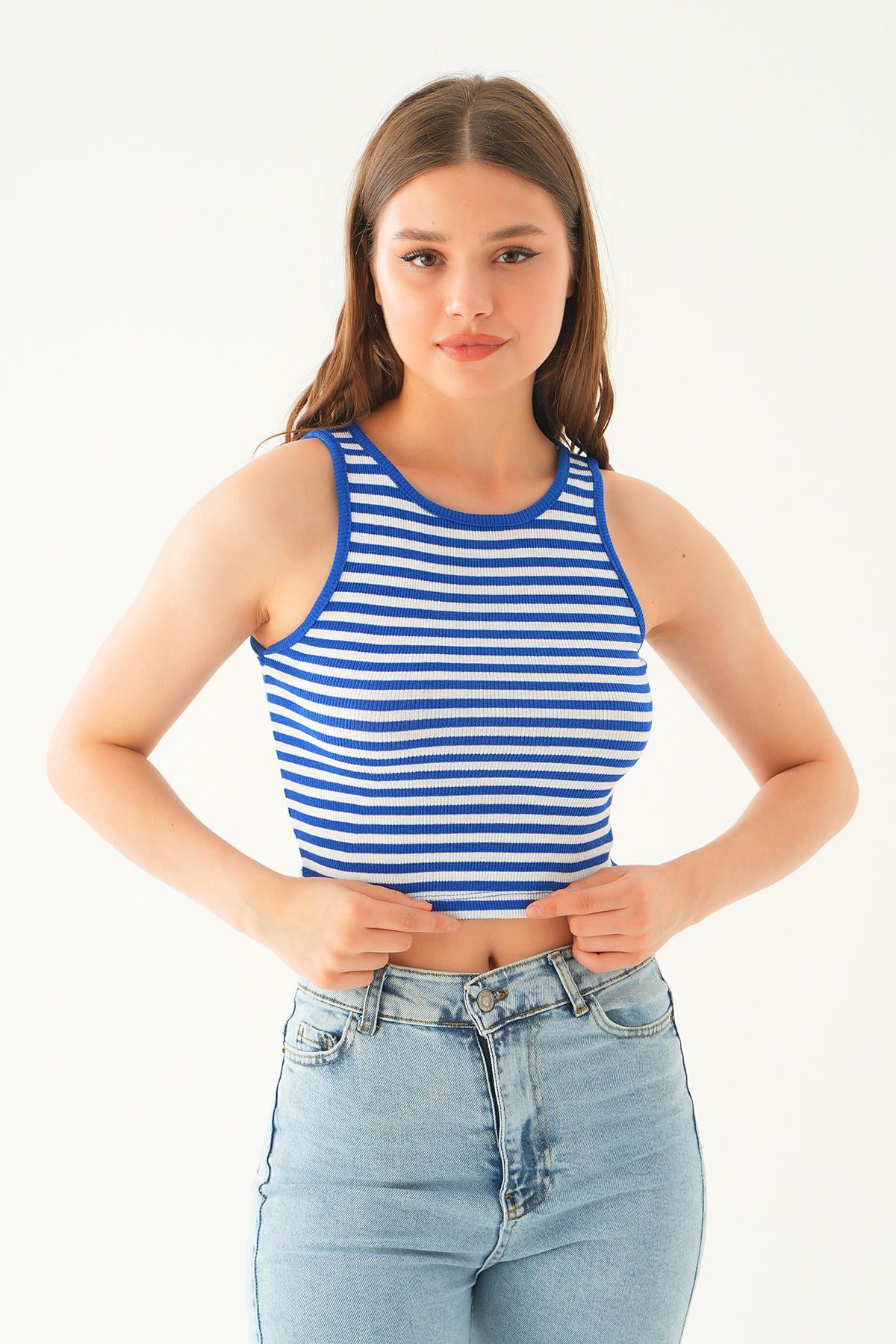 Saks Beyaz Fitilli Crop Kadın Atlet 1312 - 3