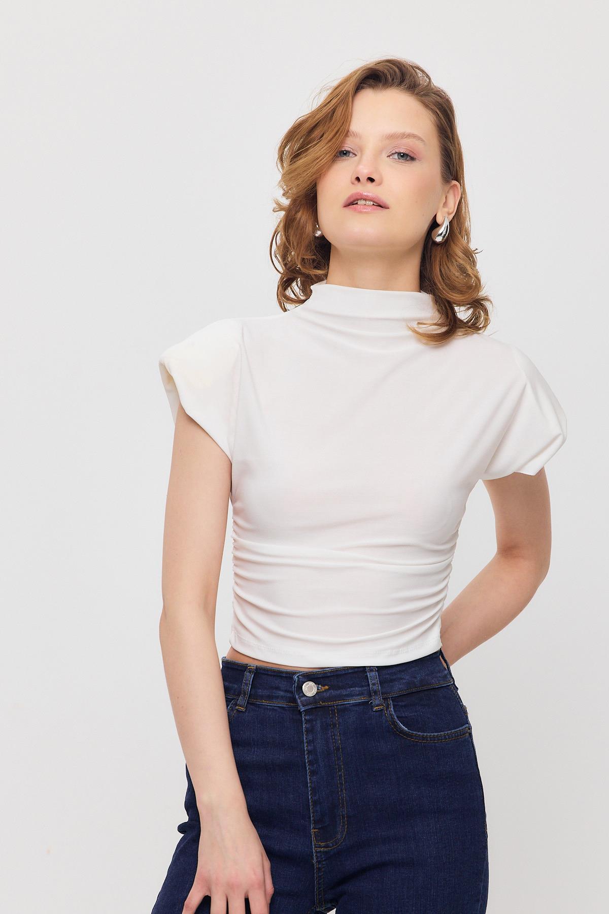 Ekru Vatkalı Kısa Bluz 13185 