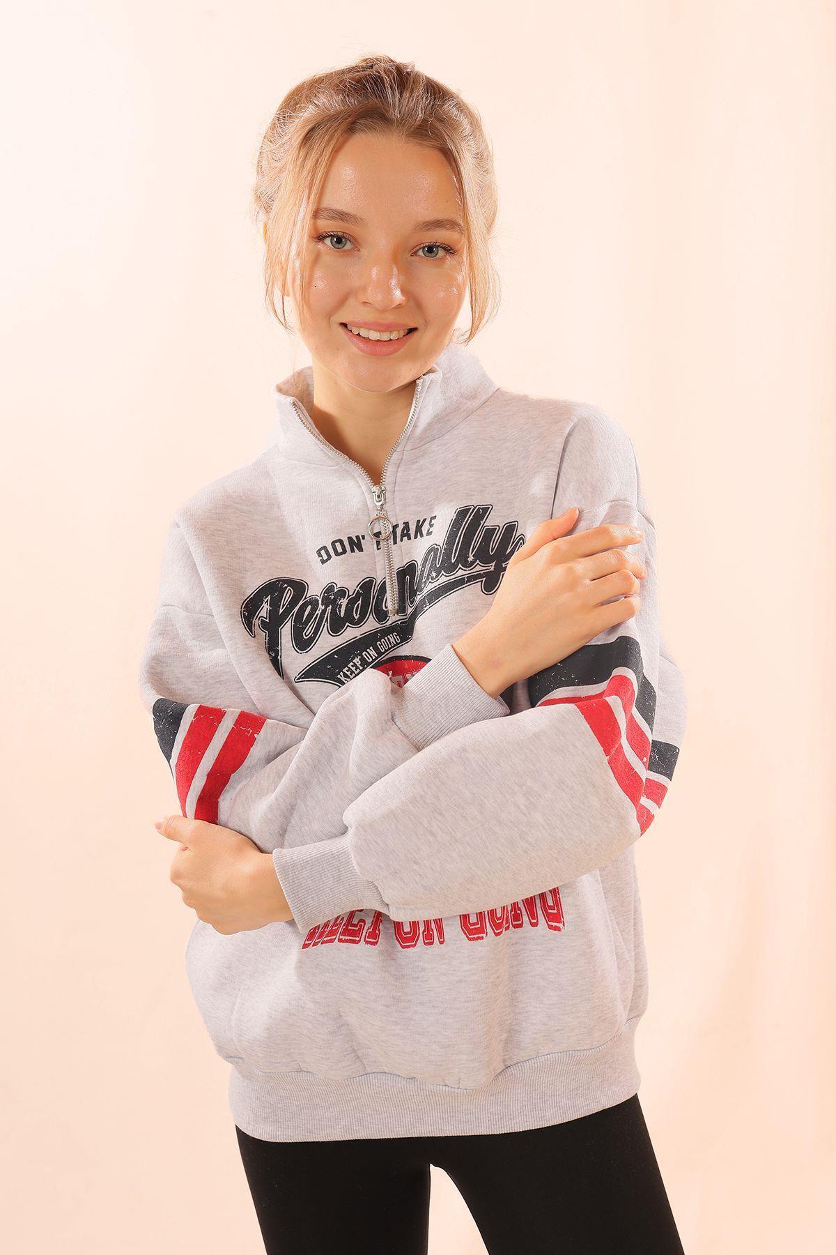 Gri Kol Çizgili Baskılı Sweat 1320 - 3