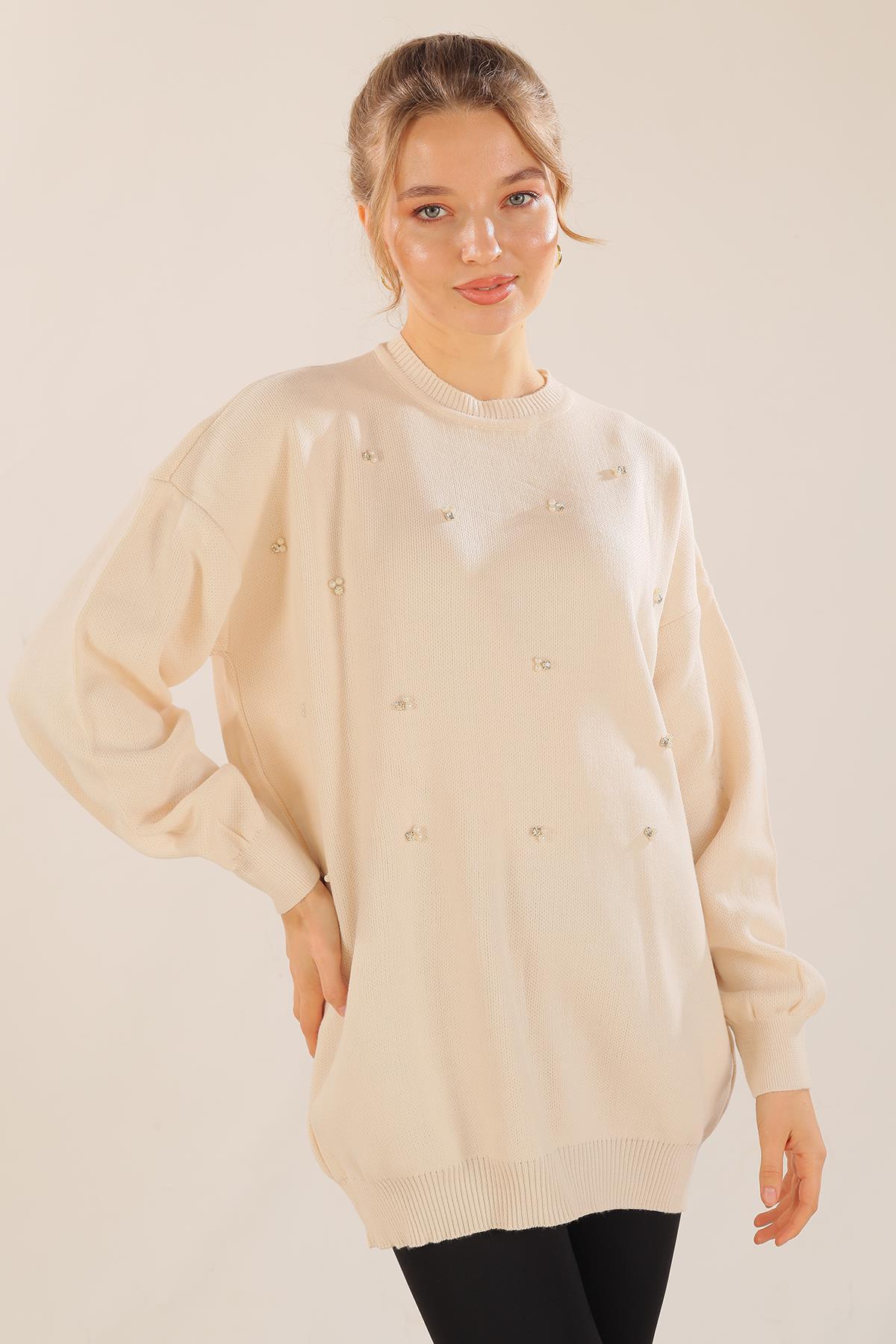 1335 Boncuk İşlemeli Balon Kol Kazak Bej - 5