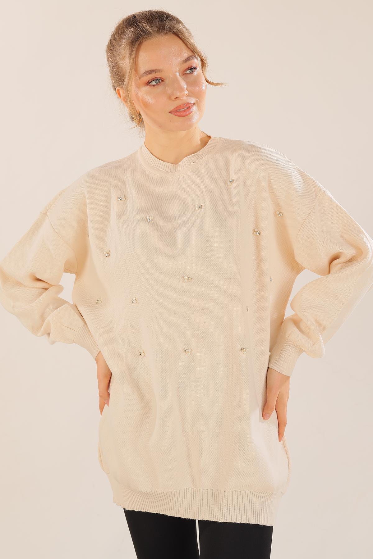 1335 Boncuk İşlemeli Balon Kol Kazak Bej - 6