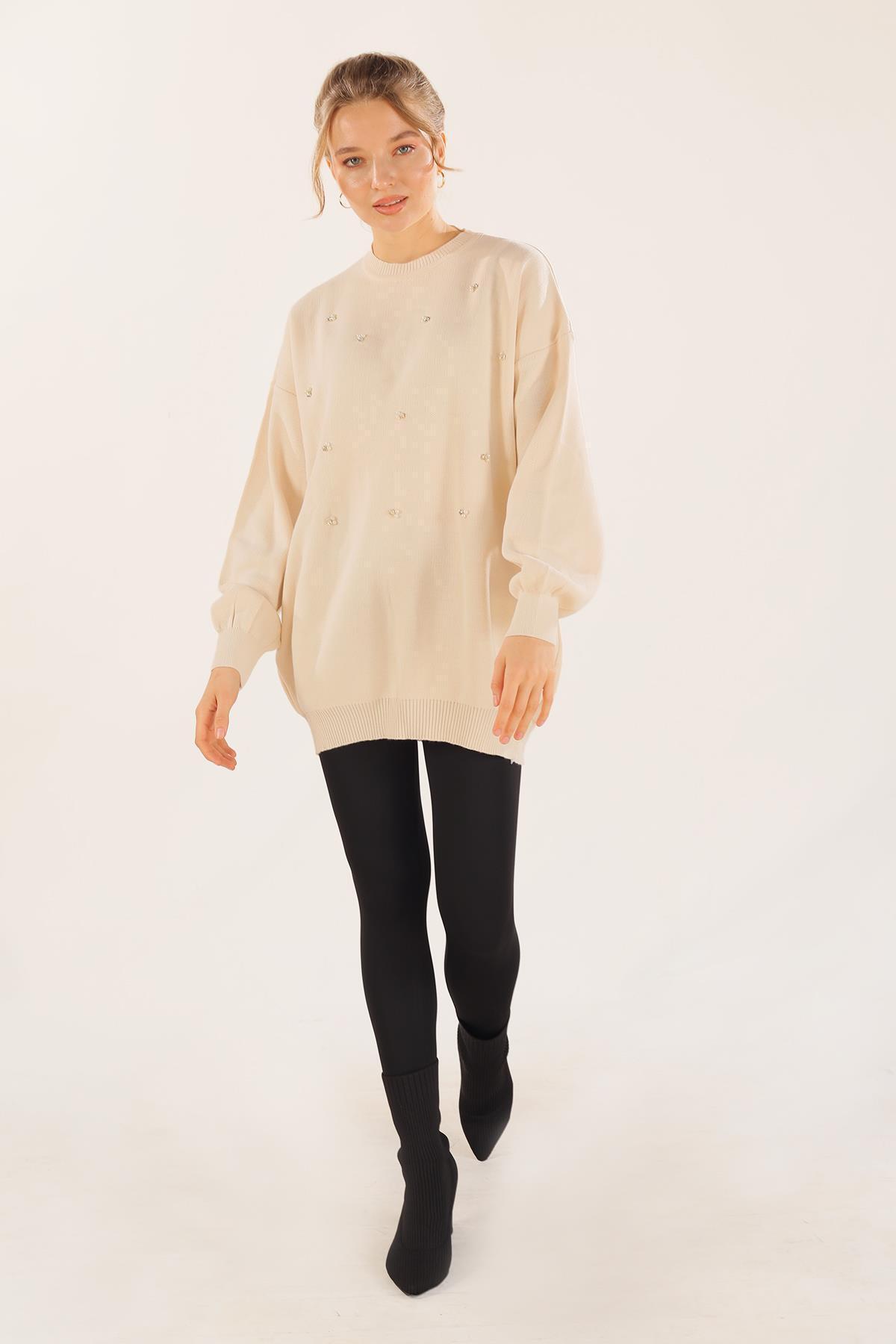 Bej Boncuk İşlemeli Balon Kol Kazak 1335 - 2