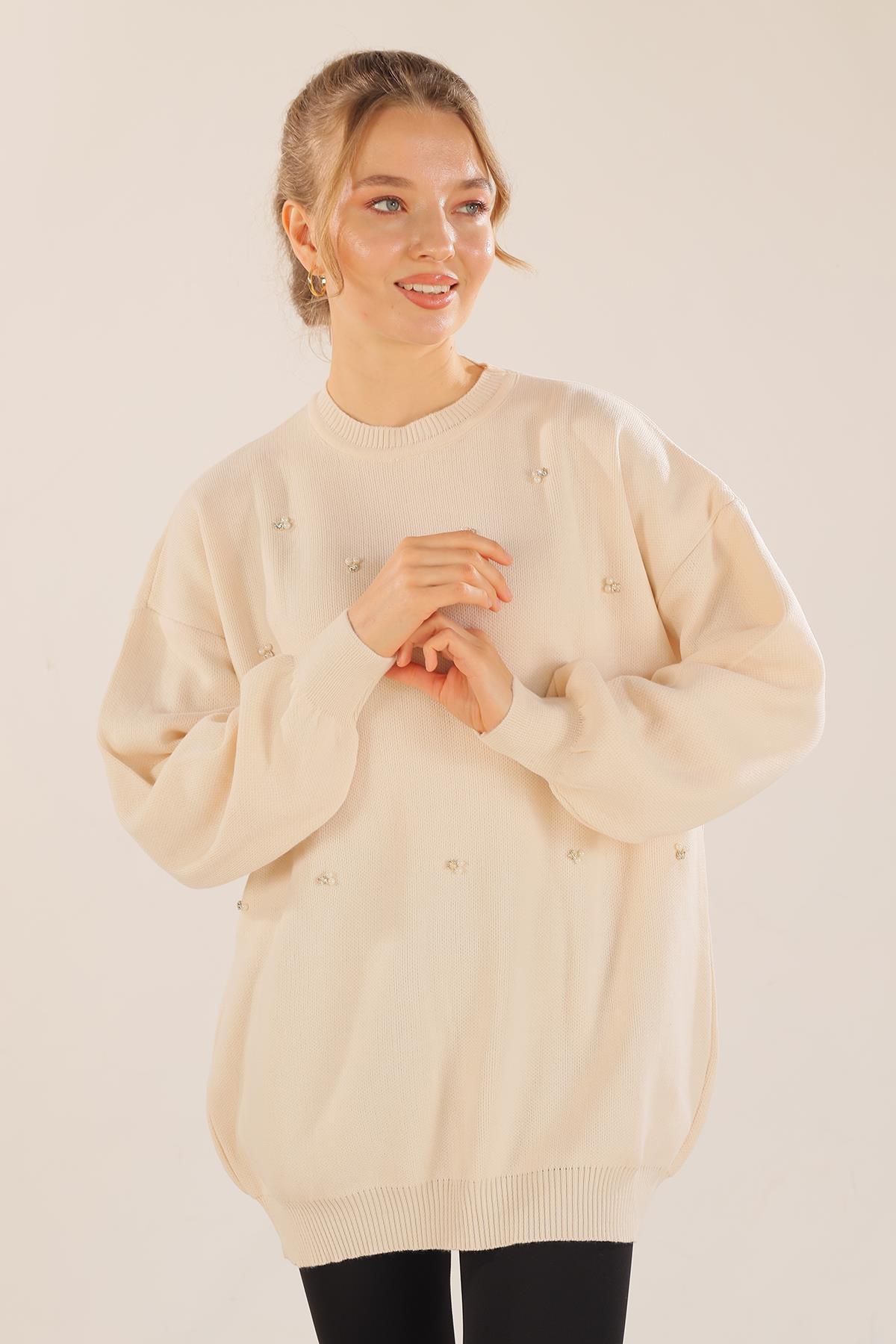 Bej Boncuk İşlemeli Balon Kol Kazak 1335 - 4